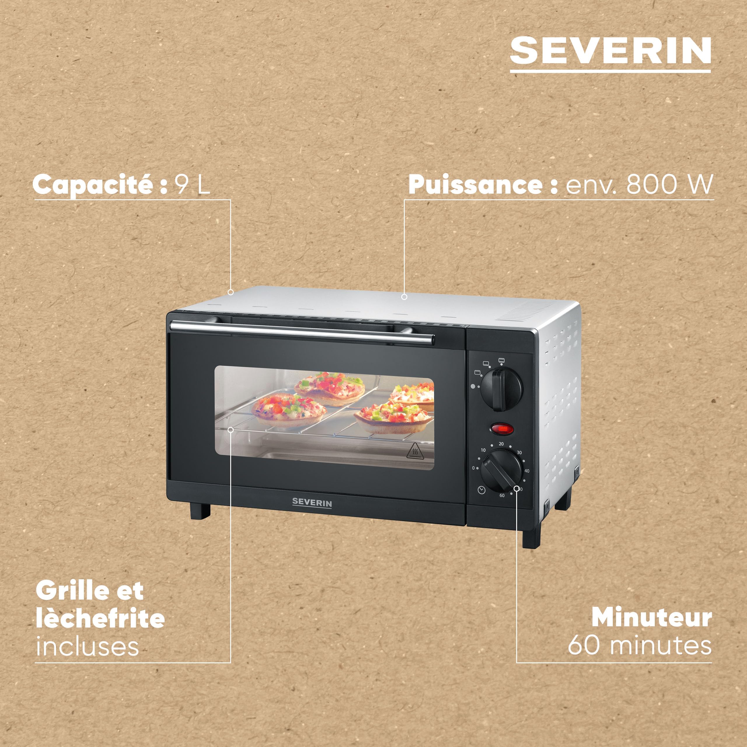 SEVERIN Mini-Four 9 L avec grille et plaque de cuisson incluses, Four posable 800 W design simple et élégant, Mini-four électrique avec minuteur 60 min, Noir/Inox, TO 2052