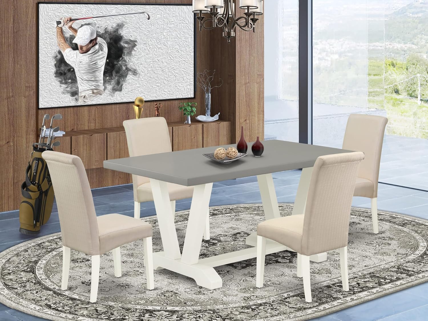 East West Furniture V096BA201-5 5 Piece Kitchen Table & Chairs Set Includes a Rectangle Dining Room Table with V-Legs and 4 Cream Linen Fabric Upholstered Chairs, 36x60 Inch, Multi-Color