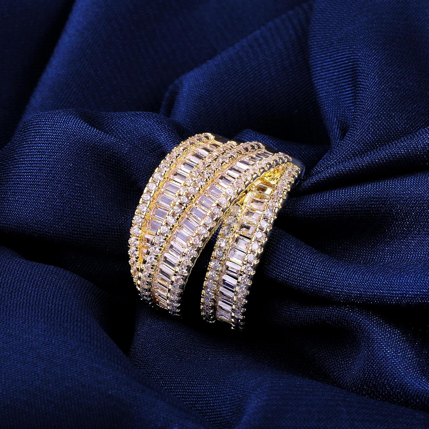 MDFUN 18K White Gold/Yellow Gold Plated Halo Wedding Eternity Ring for Women, 3 Rows Emerald Cut Cubic Zirconia Rings Statement Band Size 5-10 - Image 6