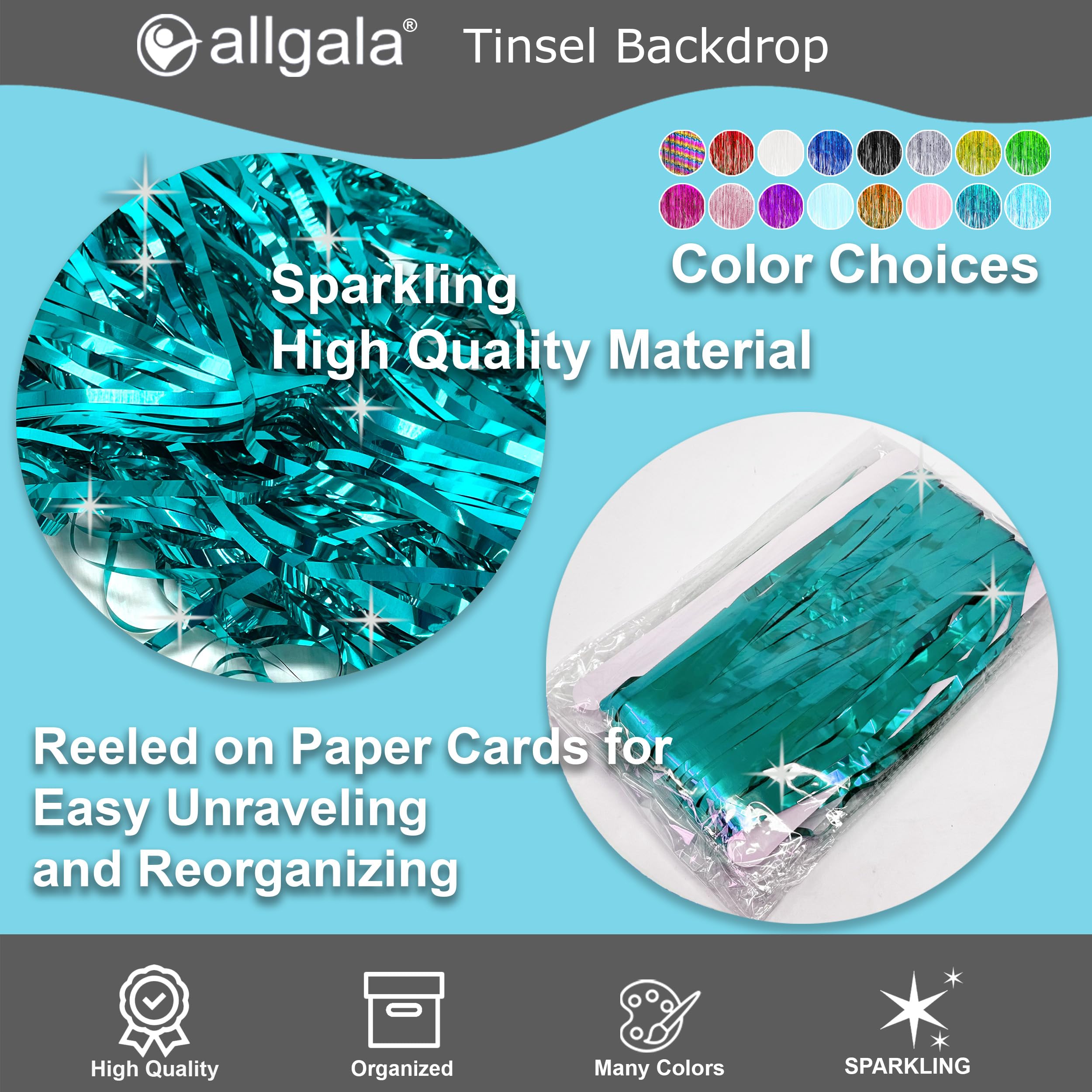 Allgala 4 Pack Turquoise Metalic Tinsel Party Photo Backdrop Curtain 3.3x6.6 FT (1x2M) Photo Booth Background Curtains Door Fringe Décor Party Streamer for Birthday Graduation New Year Eve