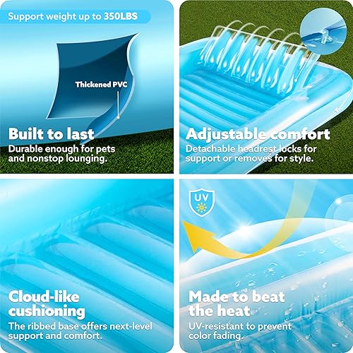 Miniatura 5 de SLOOSH Flotador inflable para adultos, con almohada, 216 x 145 cm, 4 en 1 balsa estilo tina bronceadora, camastro para tomar el sol, para fiestas