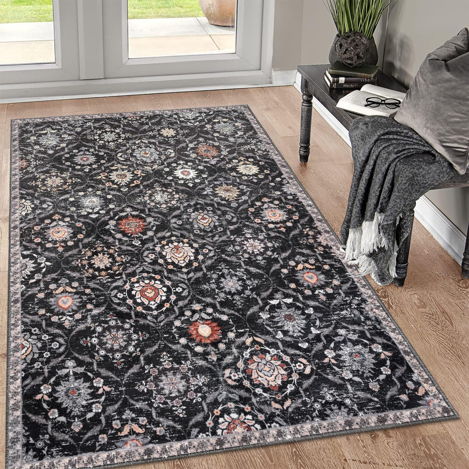 KILOCOCO 3x5 Moroccan Super Soft Area Rug Washable Living Room, Charcoal Multi Vintage Floral Rug Indoor Non-Slip, Print Faux Wool Accent Indoor