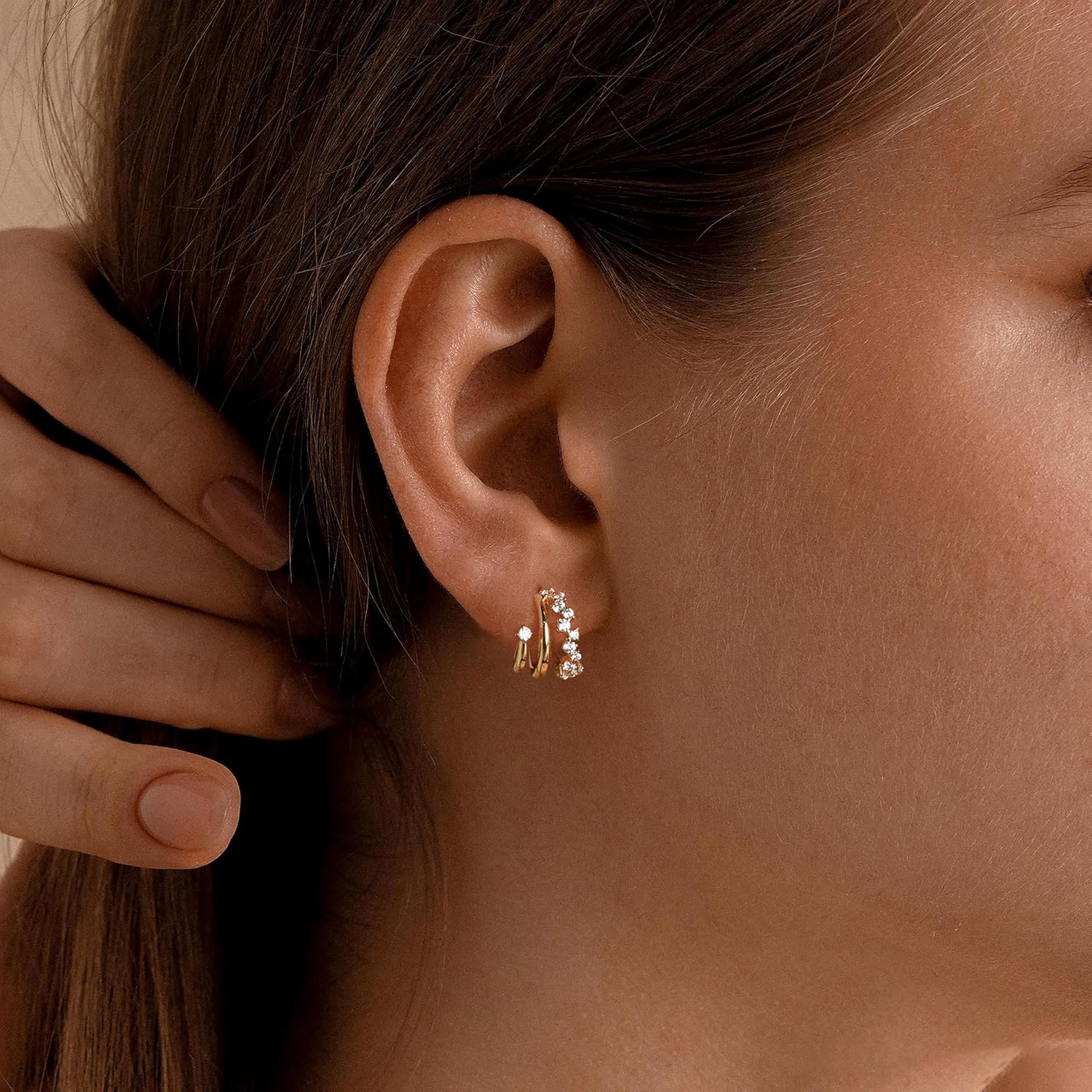 Gold Earrings For Women, 14K Gold Plated Illusion Stud Earrings Dainty Illusion Huggie Earring For Women Trendy Unique Triple Huggie Earring Cute Hoop Stud Non Tarnish Hypoallergenic Jewelry - Image 6