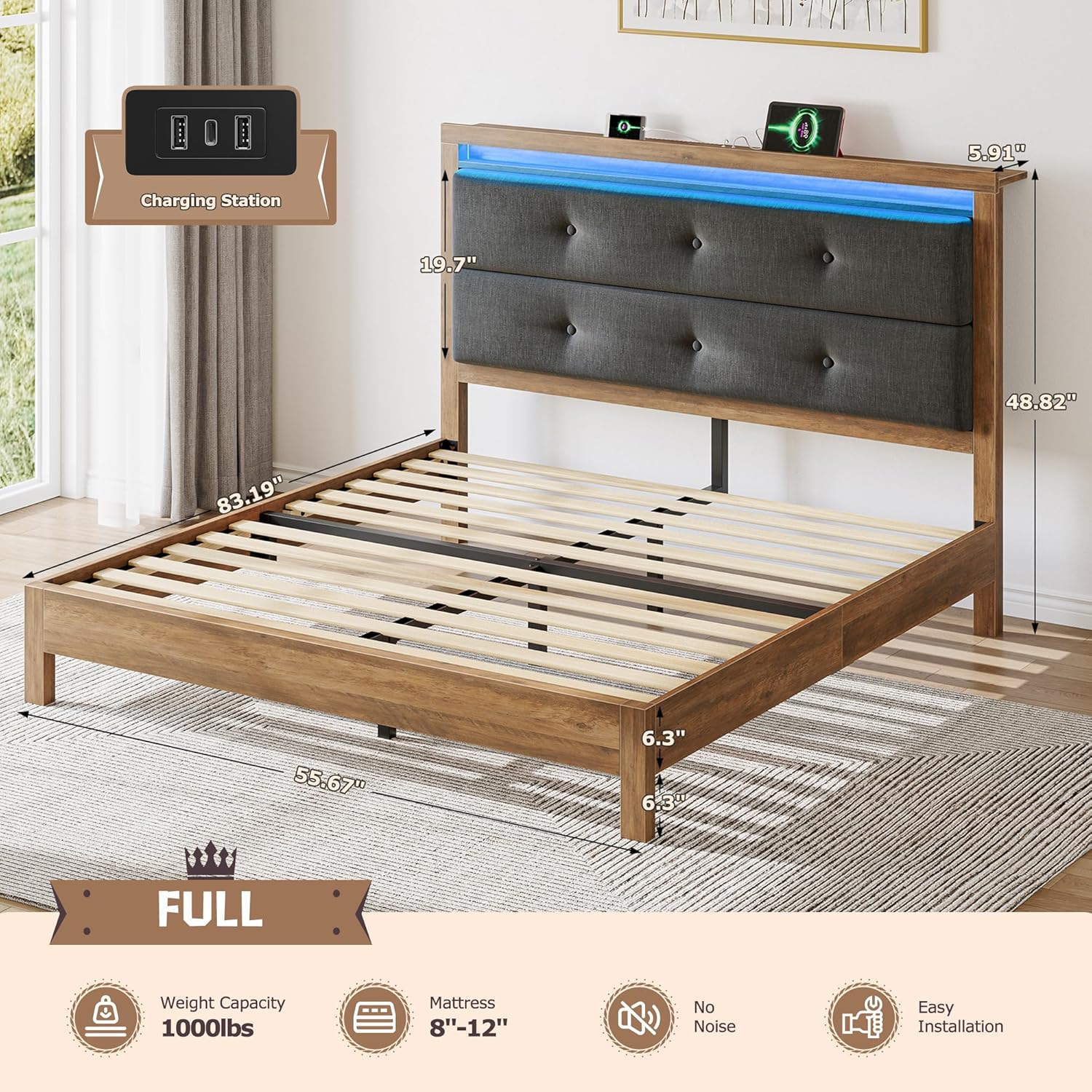 EnHomee Wooden Full Size Bed Frame with Charging Station and Led Lights, Bed Frame Full with Upholstered Headboard, No Box Spring Needed, No Noise, Easy Assembly