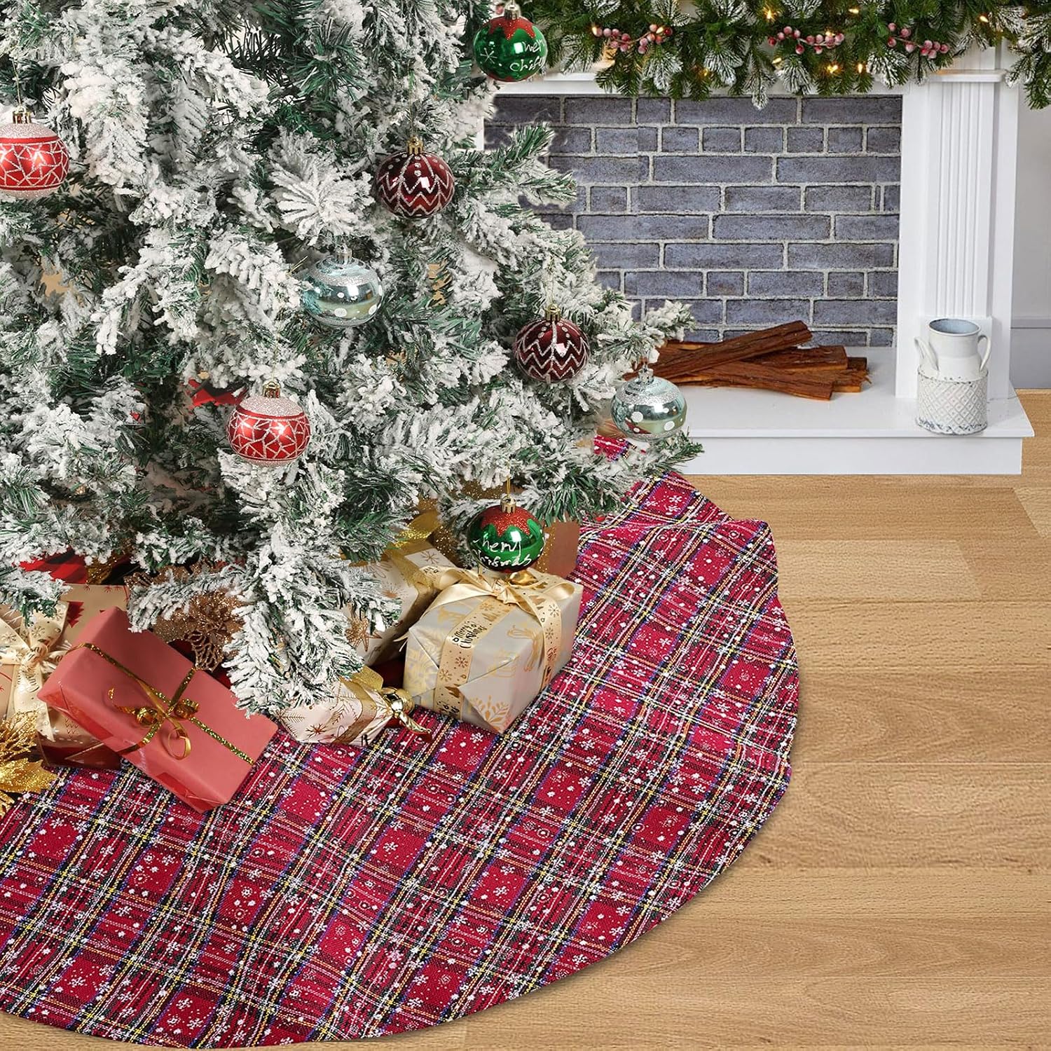 Buffalo Plaid Tree Skirt Cotton Linen Fabric Snowflake Christmas Tree Skirt Mini 24 Inch for Xmas Holiday Check Tree Skirts Decorations (Red Green Plaid Snowflake)