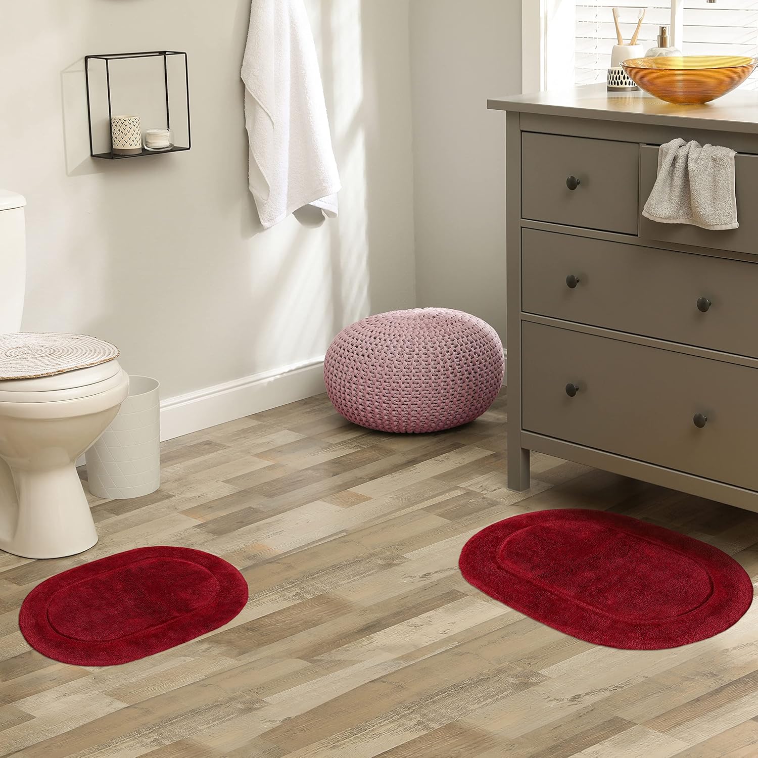 superior non-slip 2 piece bath rug set, ultra plush, soft and absorbent 100% combed cotton pile - traditional oval bath mat set, burgundy 2 pc set burgundy - oval