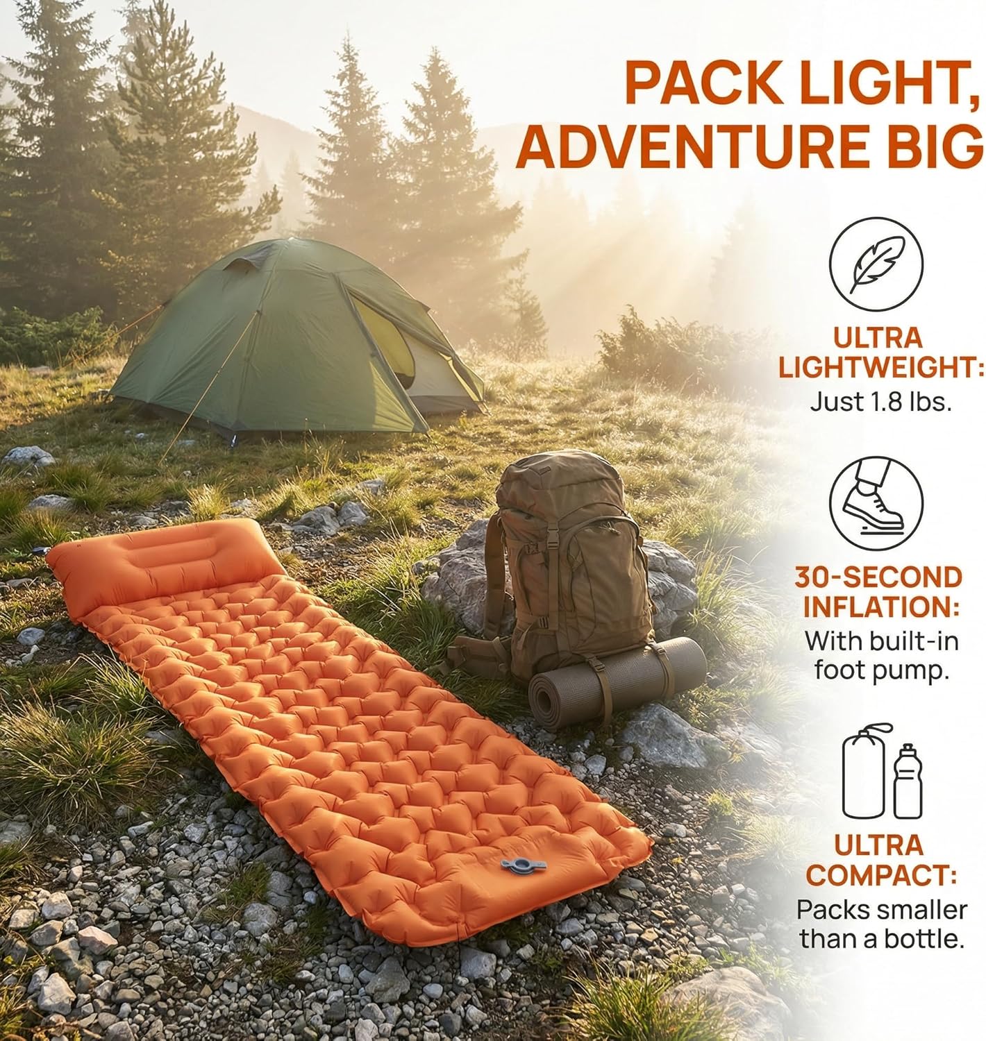 Memory Foam Camping Pad - Self-Inflating Travel Air Mattress, Lightweight Portable Chill Pad for Bed, Car, and Outdoor Activities (Blue)