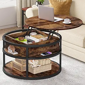 DWVO Round Lift Top Coffee Tables for Living Room, Circle Coffee Table with Storage & Hidden Compartment, Farmhouse Wood Coffee Tables with Lifting up Living Room for Home Office Samll Table, Brown
