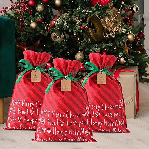 Miniatura 3 de OYATON Bolsas de regalo de Navidad con cordón, bolsas de tela reutilizables para regalo de Navidad, juego de 6, bolsas de regalo de tela con cordón
