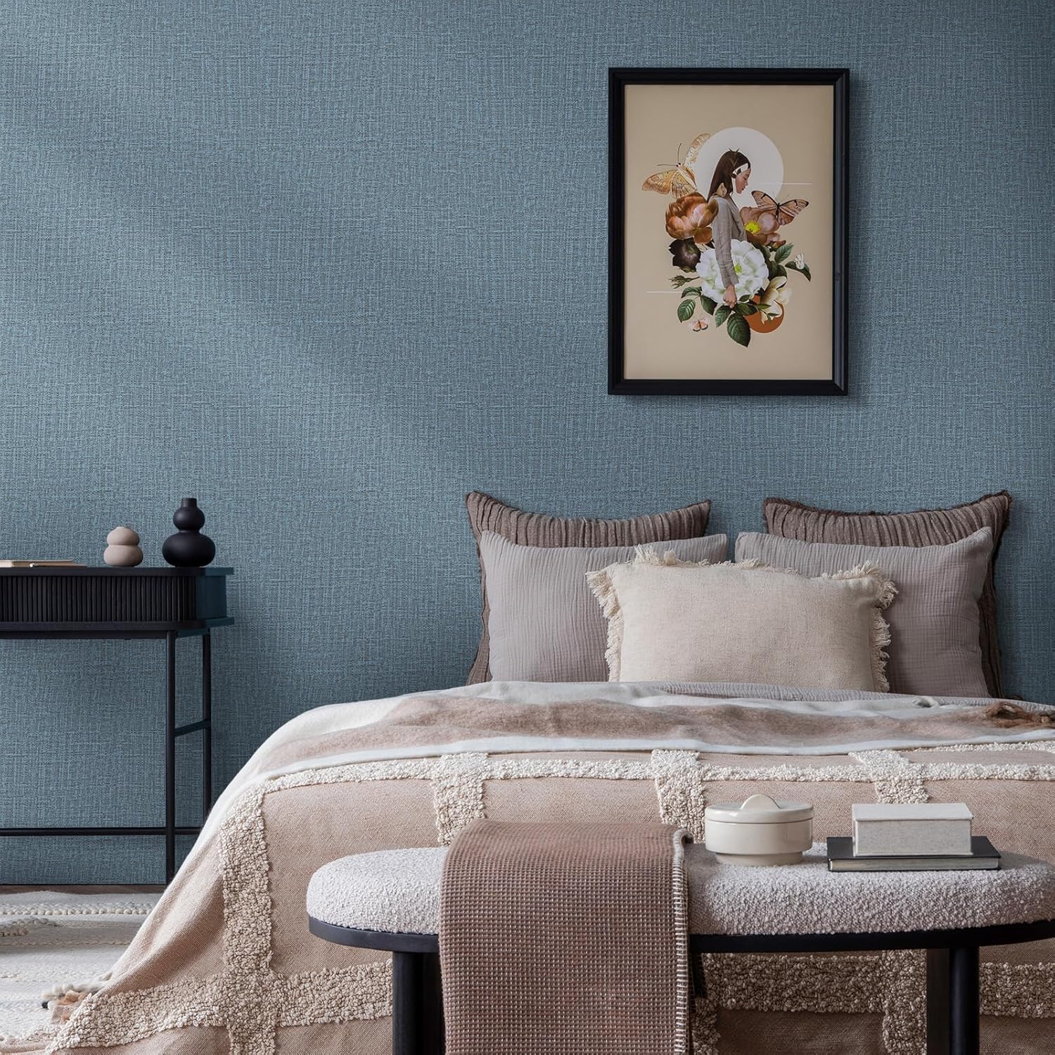 WADILE Grasscloth Peel and Stick Wallpaper 23.6in x 236in, Textured Contact Paper for Cabinets, Faux Linen Wall Paper Pull and Stick, Fabric Vinyl Wallpaper Self Adhesive Navy Blue 23.6" x 236" Navy Blue