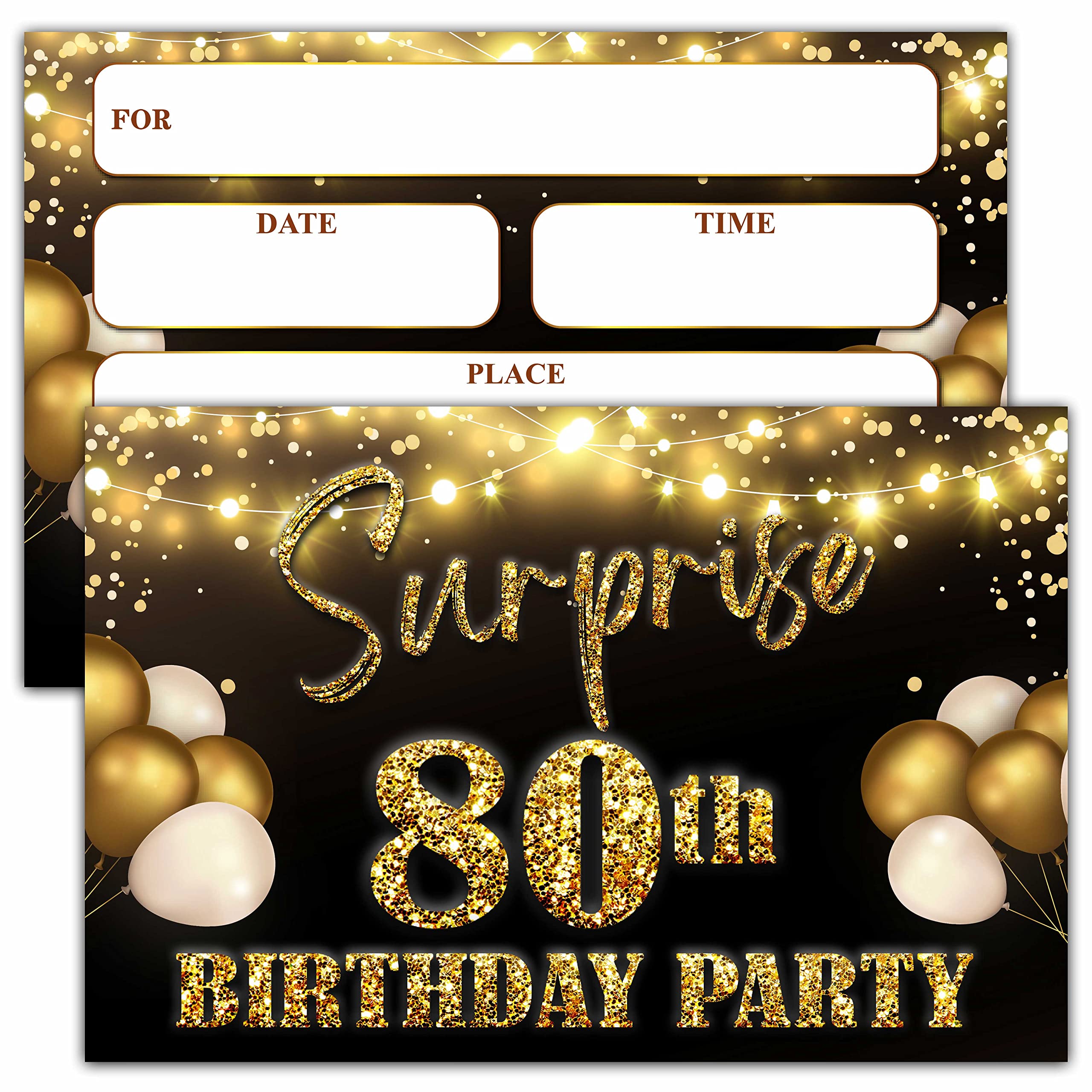 YSTEP 80th Birthday Party Invitations, 20 Black Gold Invite Cards with Envelopes, 4