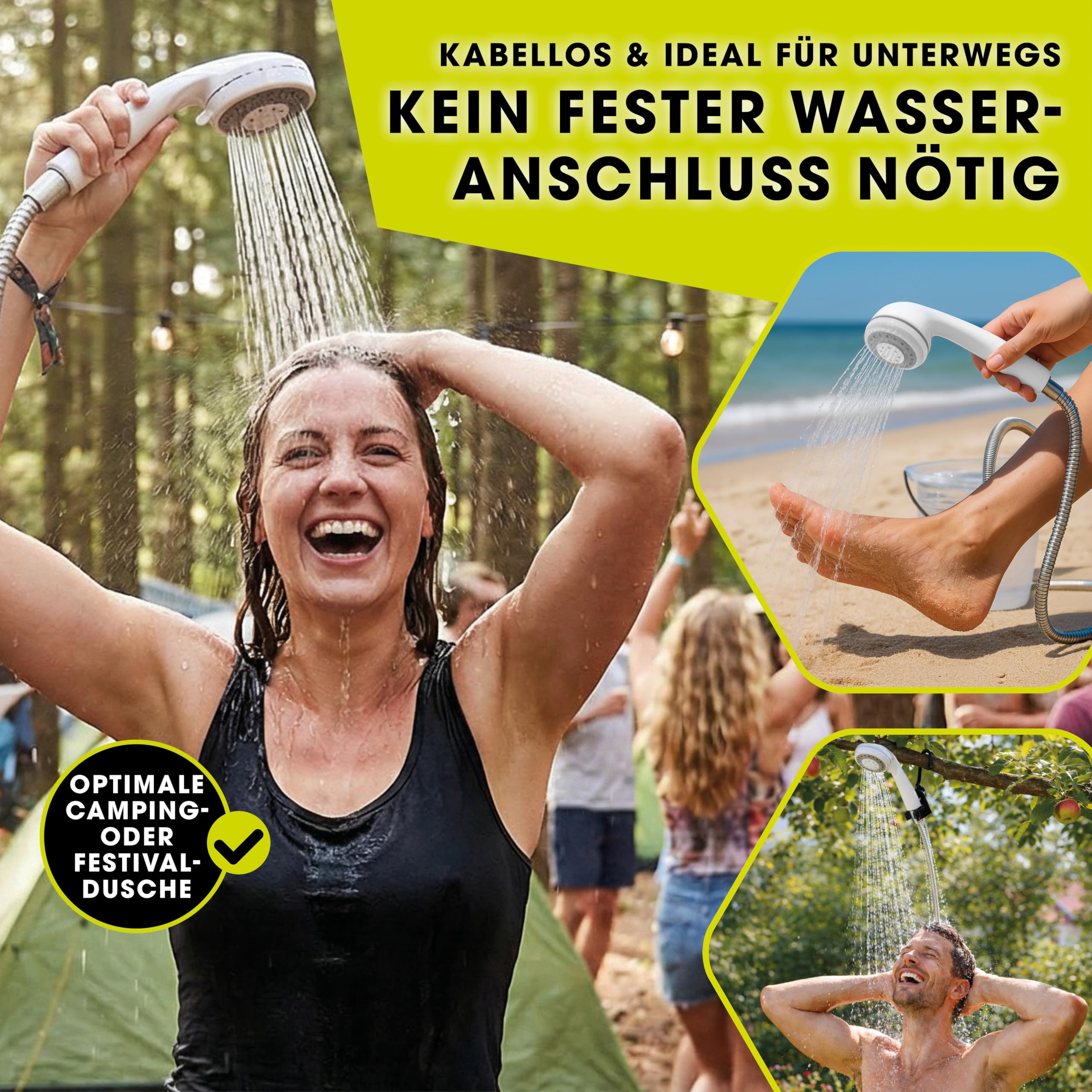 EASYmaxx Campingdusche mit Akku | 2in1: Mobile Outdoor Dusche und Bewässerungsbrause | Camping Dusche mit Pumpe inkl. Ansaugfunktion | kabellose und tragbare Dusche | elektrische Dusche mit LED-Licht