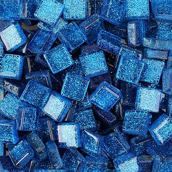 1x1 cm Glitter Glass Mosaics Pieces Stained Glass, Assorted Colors and Square Shapes, 220pcs/200g Azure