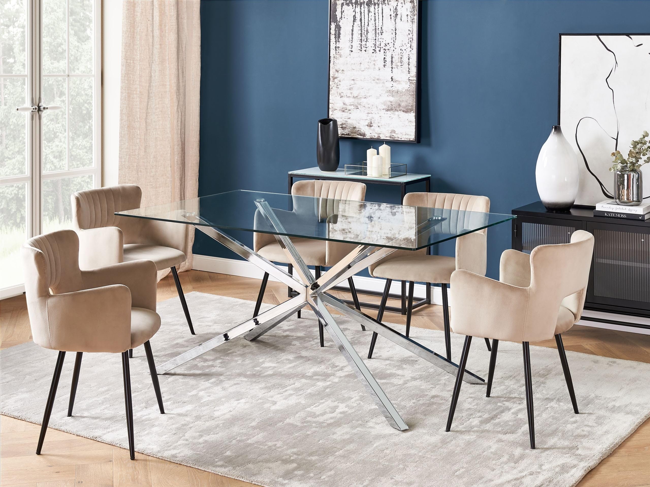 Beliani Mesa de Comedor Rectangular 160 x 90 cm Tablero de Vidrio Templado Transparente Patas Plateadas Cora