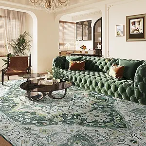 Deerly Green Large Washable Area Rug 8x10 for Living Room Bedroom Boho Vintage Rug for Dining Room Non-Slip Soft Low-Pile Thin, Green/Multi