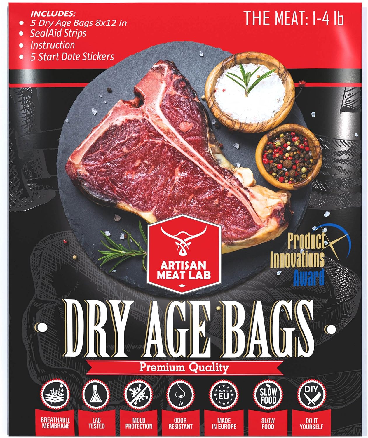 Dry Age Bag for Beef Steak. Easily Create Delicious DIY Aged Meat. Breathable Membrane Kit, Lab Tested Safe & Effective 5pcs. 8x12 in (20x30 cm), 1-4 lb 0.5-2 kg - Artisan Meat LAB