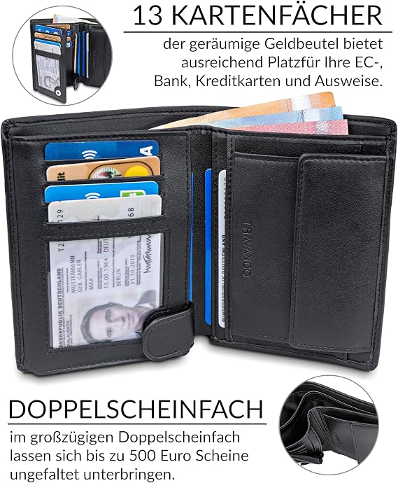 Travando® Dublin Men's Wallet TÜV Tested 13 Card Slots Portrait Format RFID Protection Gift for Men Includes Gift Box Designed in Germany Artificial Leather black