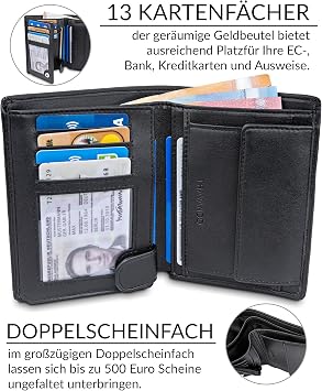 Travando® Dublin Men's Wallet TÜV Tested 13 Card Slots Portrait Format RFID Protection Gift for Men Includes Gift Box Designed in Germany Artificial Leather black