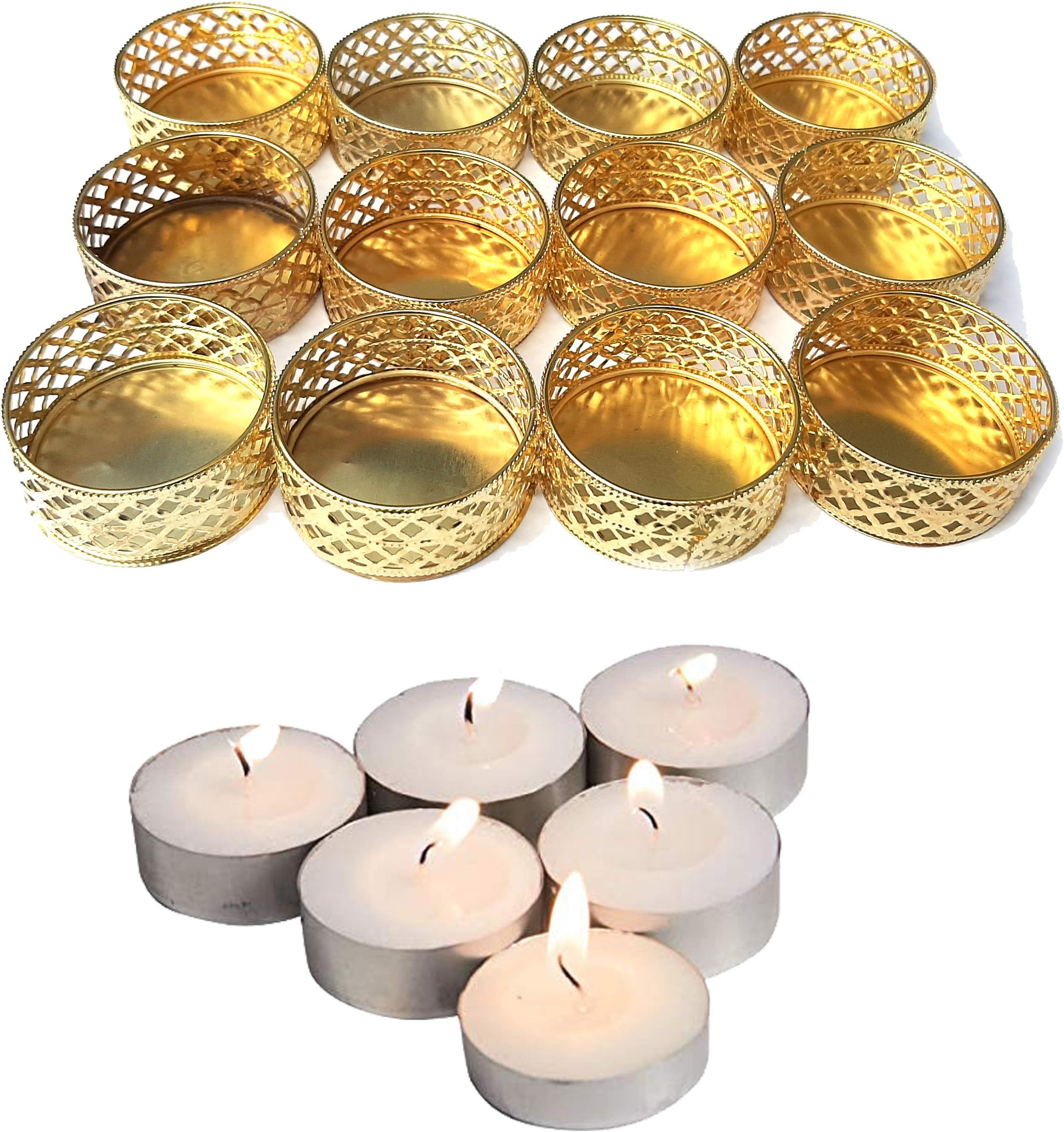 Urvi Creations Tea Light Holder with 12 Pcs Tea Lights , Golden, Small ,Others