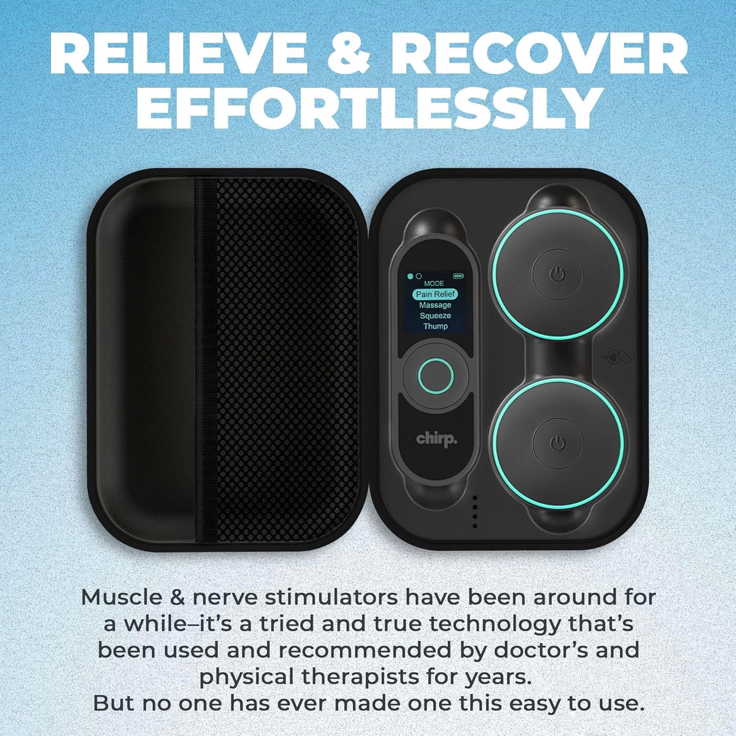 Chirp Halo Wireless Muscle Stimulator components laid out in its charging case, ready for use.