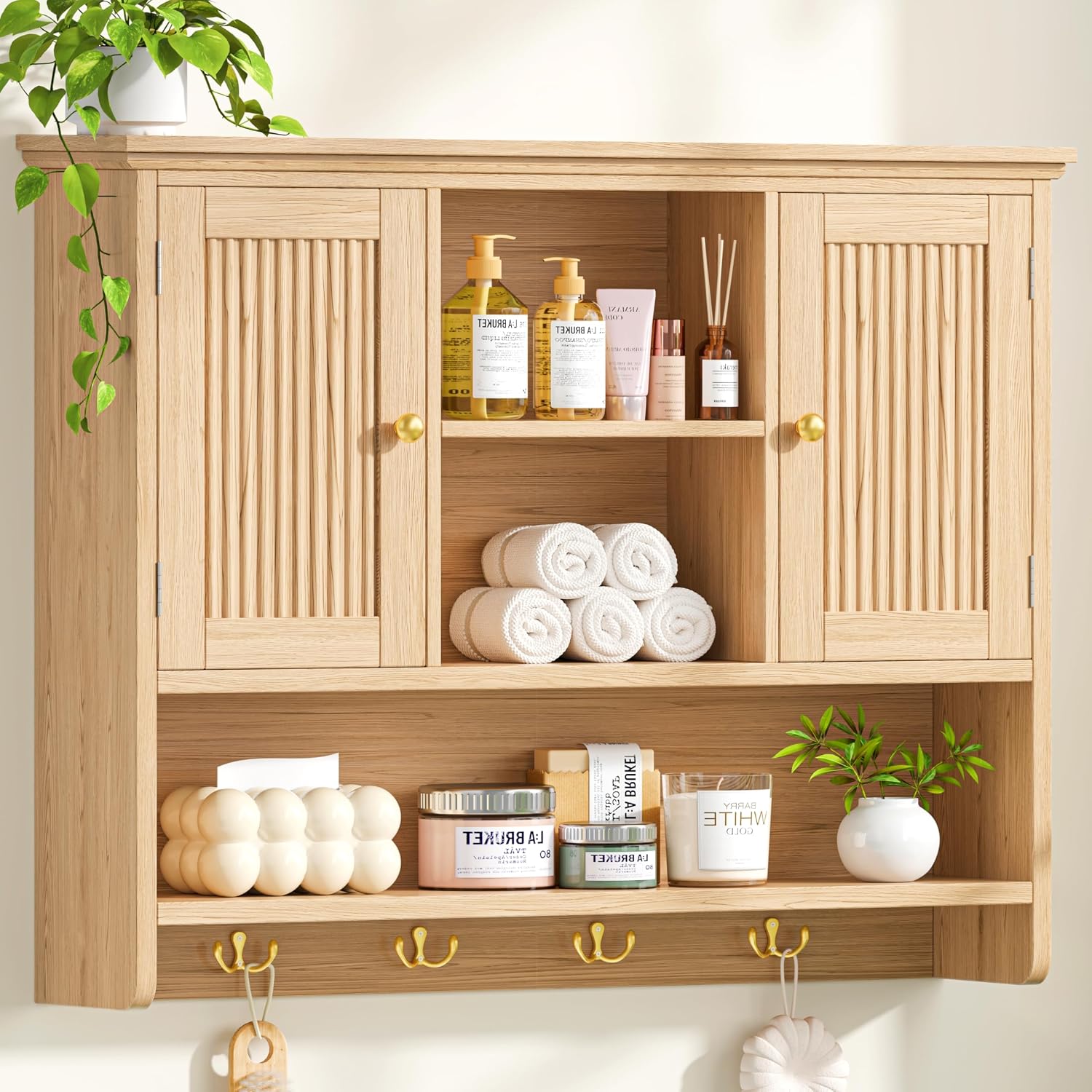 31.5 Fluted Bathroom Wall Storage Cabinet with Doors & Hooks, Natural Oak | Wooden Medicine Cabinet with 3 Open Shelves, Over the Toilet Storage Wall Mount Cabinet for Kitchen, Living Room & Entryway