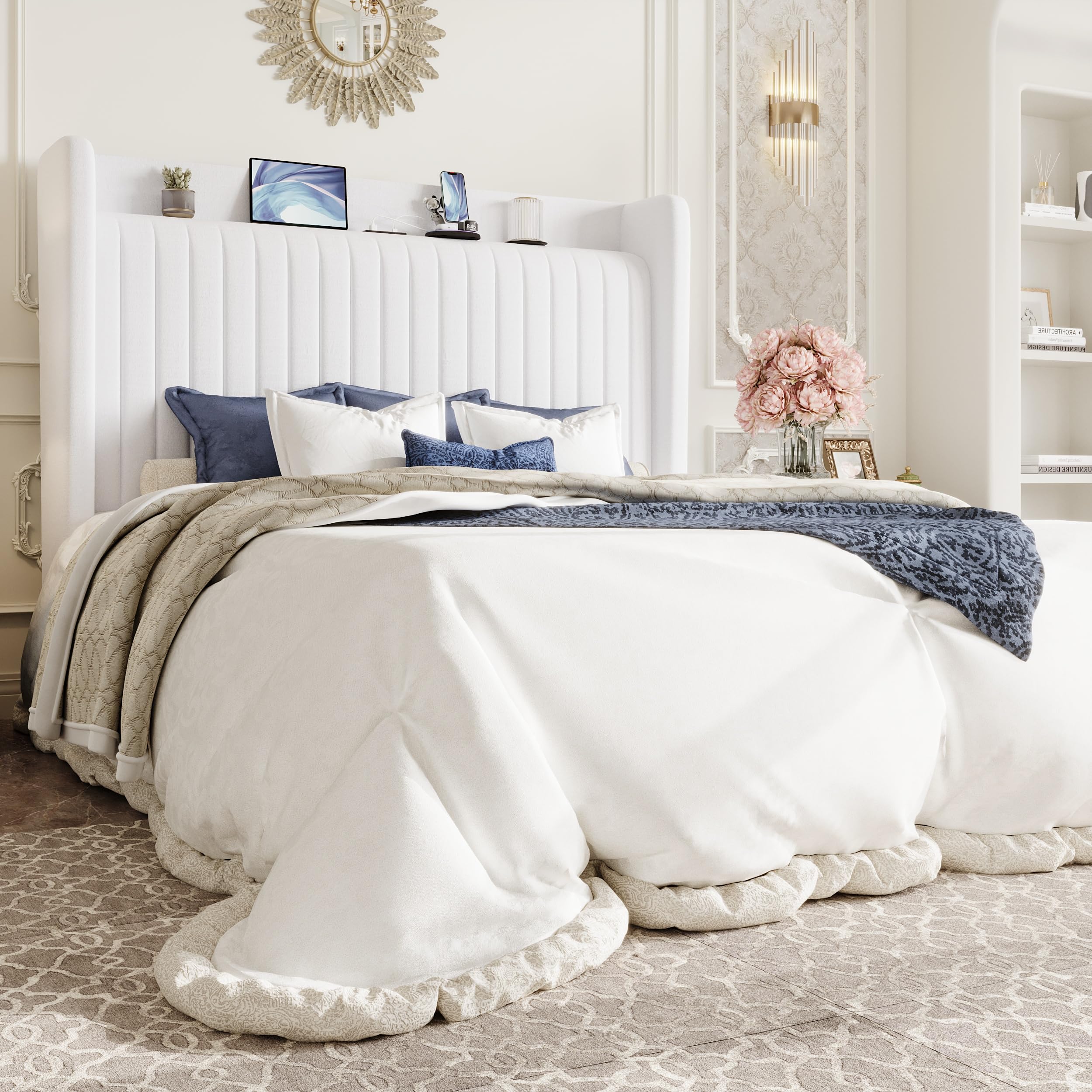 SHA CERLIN Queen Size Velvet Bed Frame with USB Charging Station, Wingback Storage Headboard, Upholstered Platform Bed with Wooden Slats Support, No