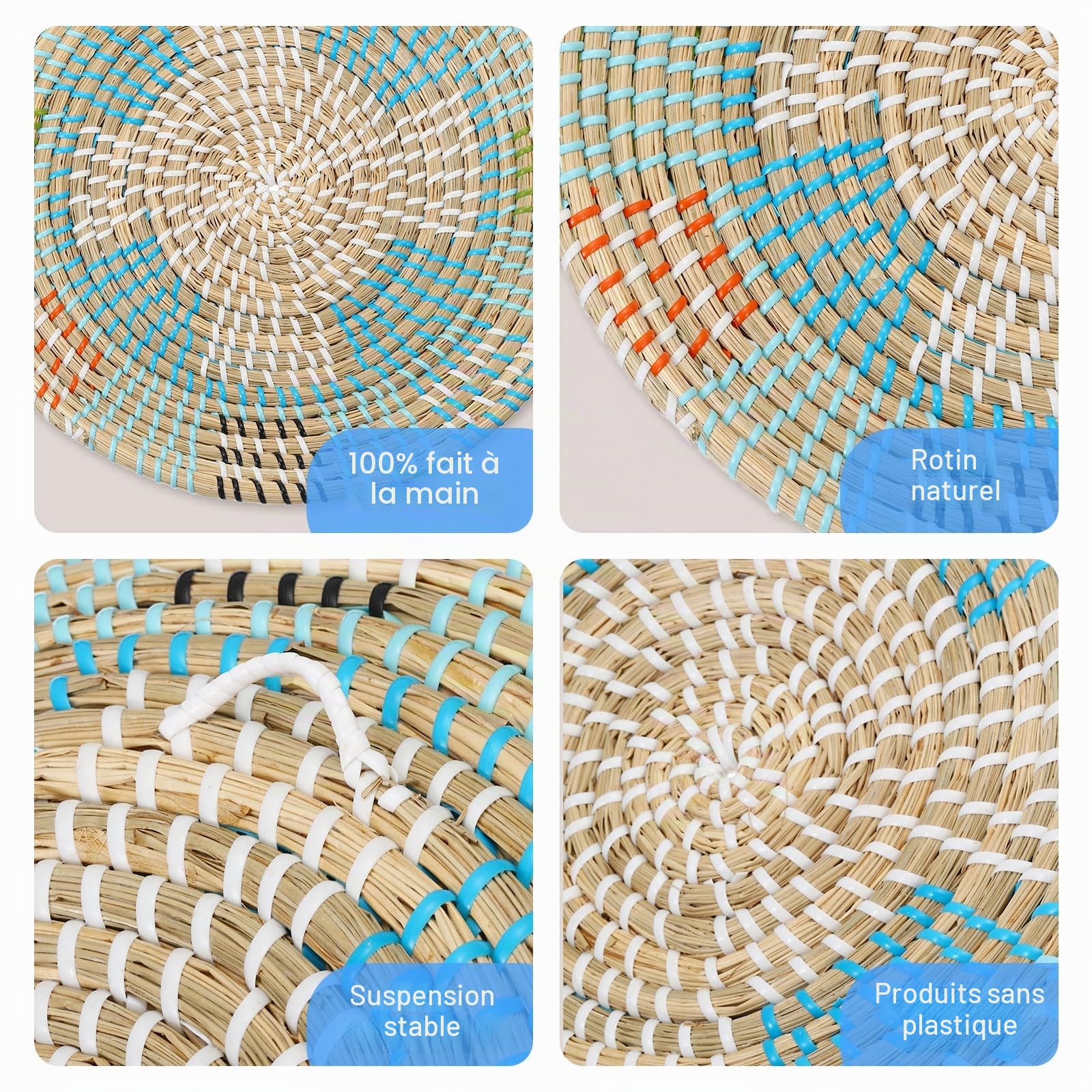 uxcell Paniers muraux bohèmes, décoration murale en paille, 4 pièces, pour salon, chambre, salle à manger, jardin, couloir ou mur d'escalier
