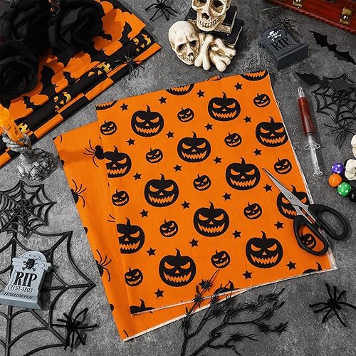 Miniatura 4 de Whaline Paquete de 12 piezas de tela de algodón de Halloween de 18 x 22 pulgadas, araña, calabaza, murciélago, a cuadros, rayas, cuartos, cuartos de