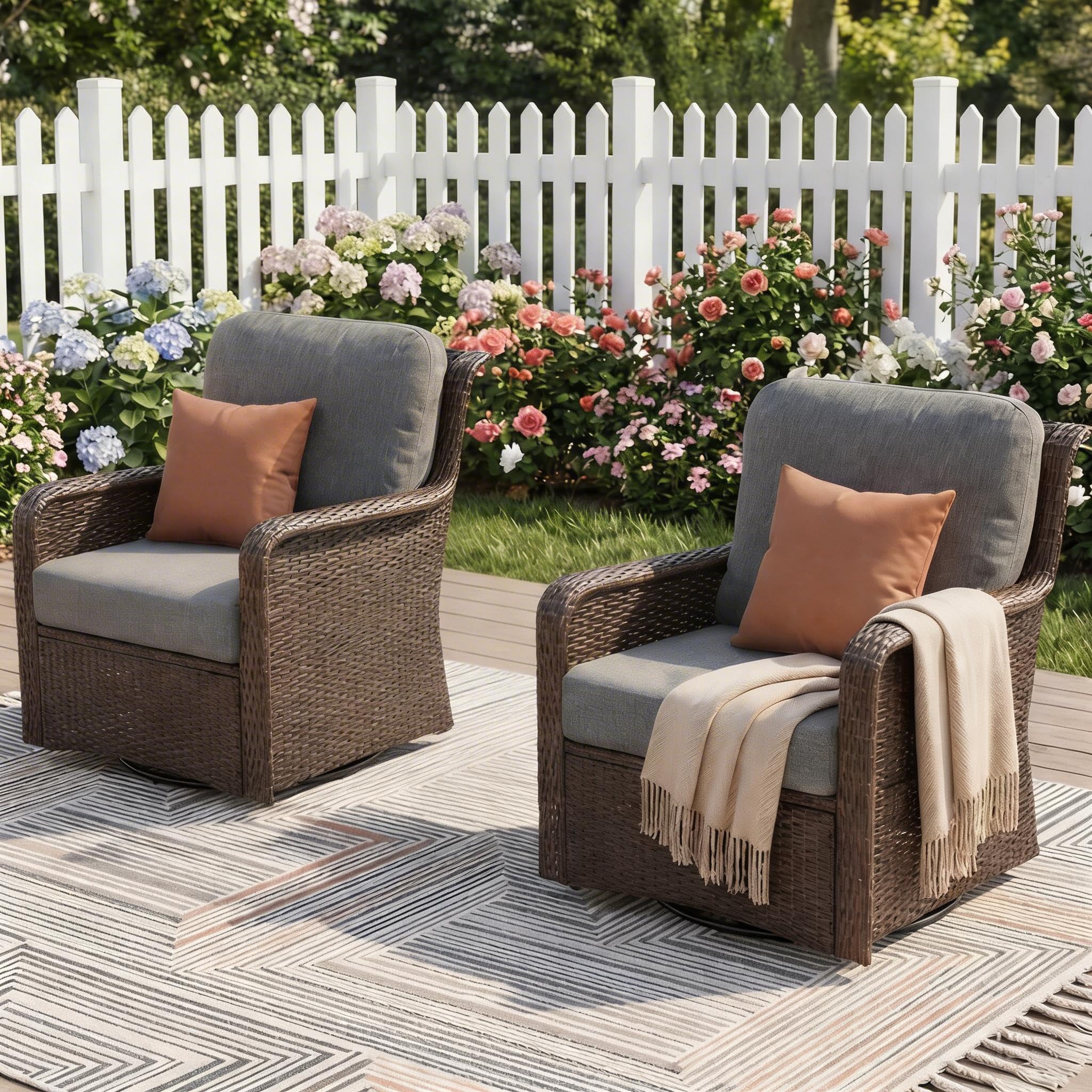 Photo 1 of Tribesigns 360° Swivel Wicker Patio Chair Set of 2, Handwoven PE Rattan, 5.5" Thick Olefin Cushions, Weatherproof Conversation Seating for Porch Deck Backyard, Brown/Gray