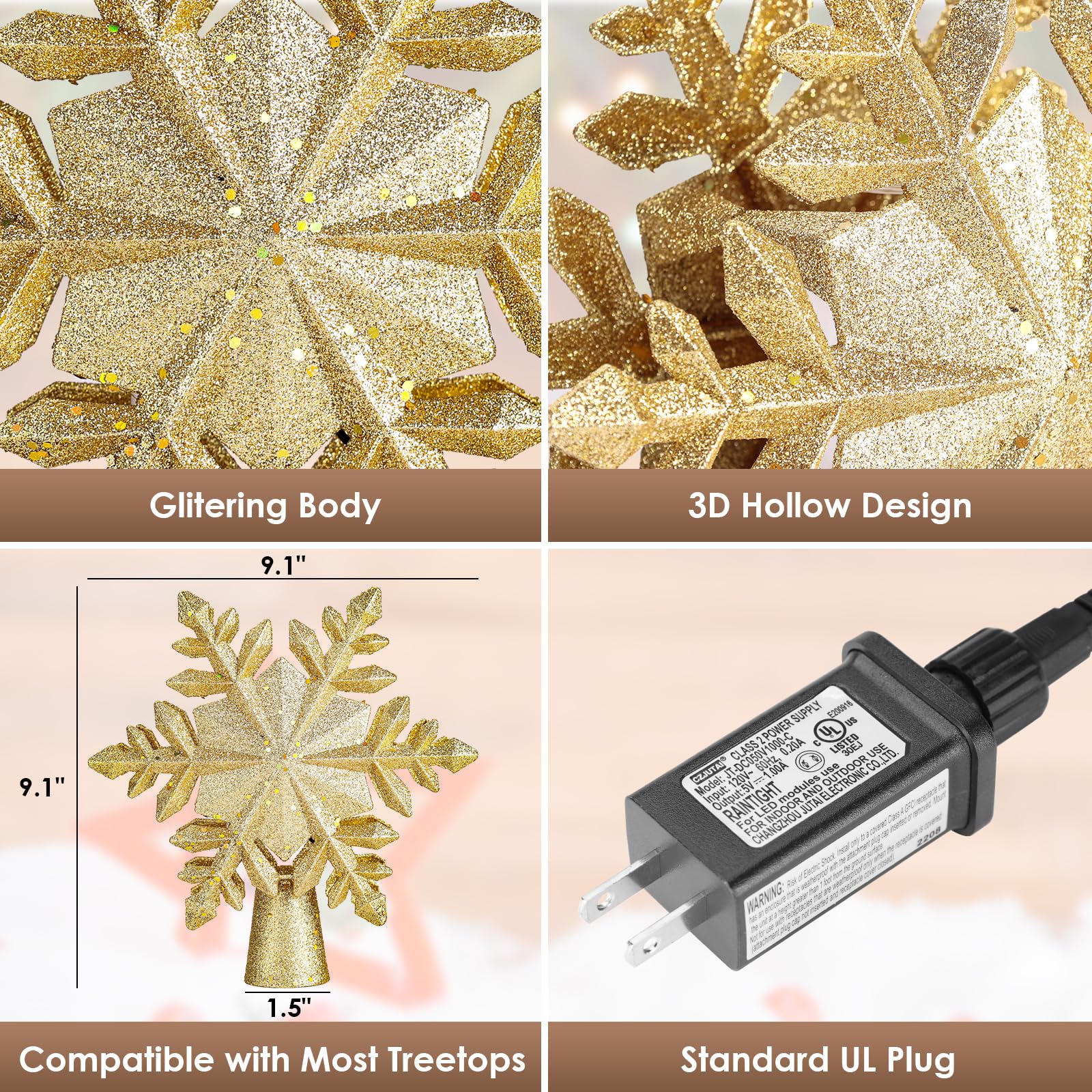 Étoile lumineuse pour cime de sapin de Noël avec projecteur de lumière 6 effets HD, 3D pailleté doré, projecteur de lumières d'intérieur pour décoration de sapin de Noël