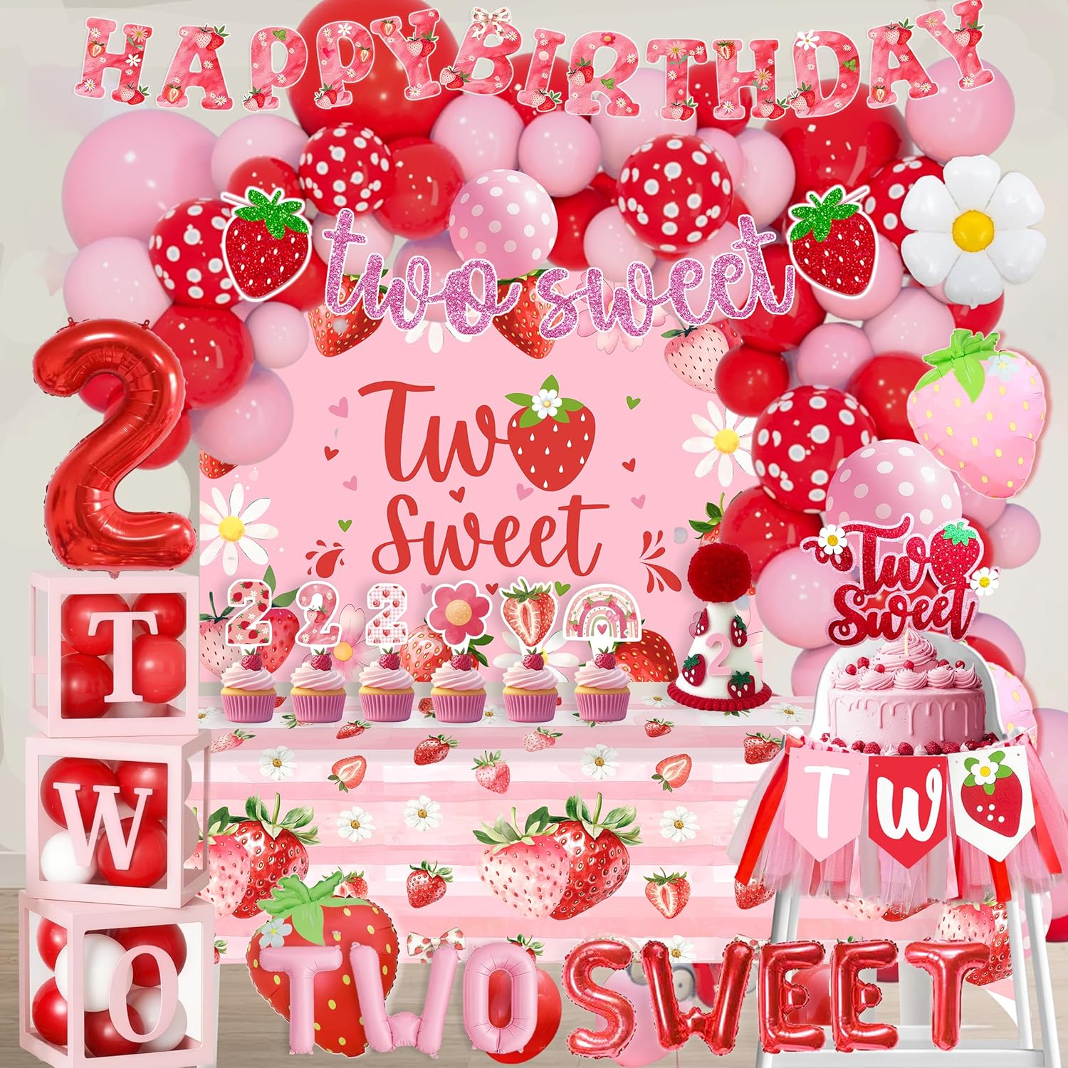 Strawberry Two Sweet 2nd Birthday Decorations for Girls Berry 2nd Birthday Party Decorations Kit Cake Topper Balloon Arch High Chair Banner Strawberry Theme Backdrop Party Decor