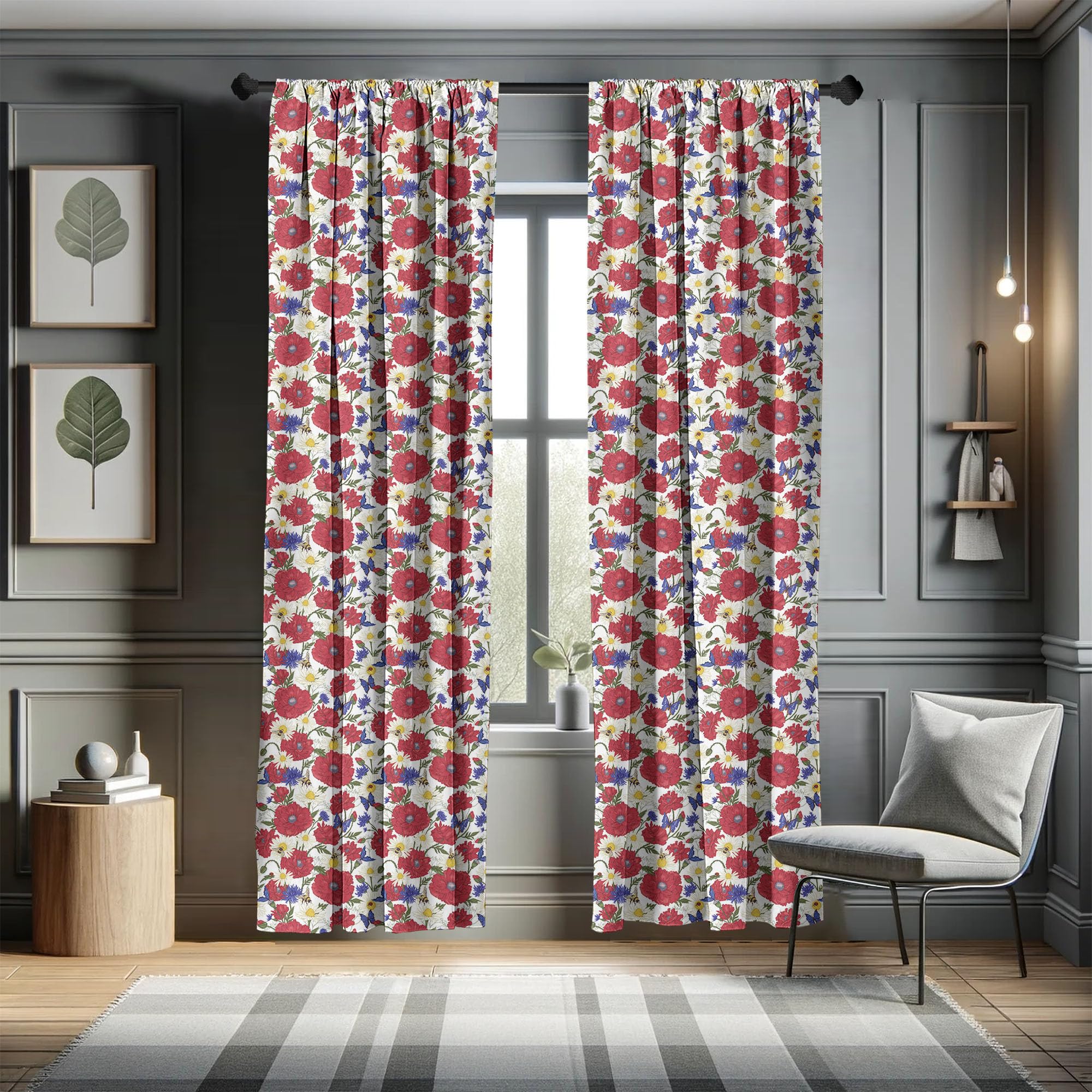Amazon｜Ambesonne ポピーフラワーカーテン ヴィンテージスタイル 夏