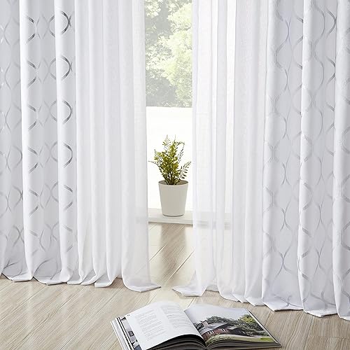 Miniatura 3 de Bujasso Juego de 4 cortinas opacas blancas de lujo, para combinar con patrón geométrico plateado, para oscurecer la habitación y cortinas