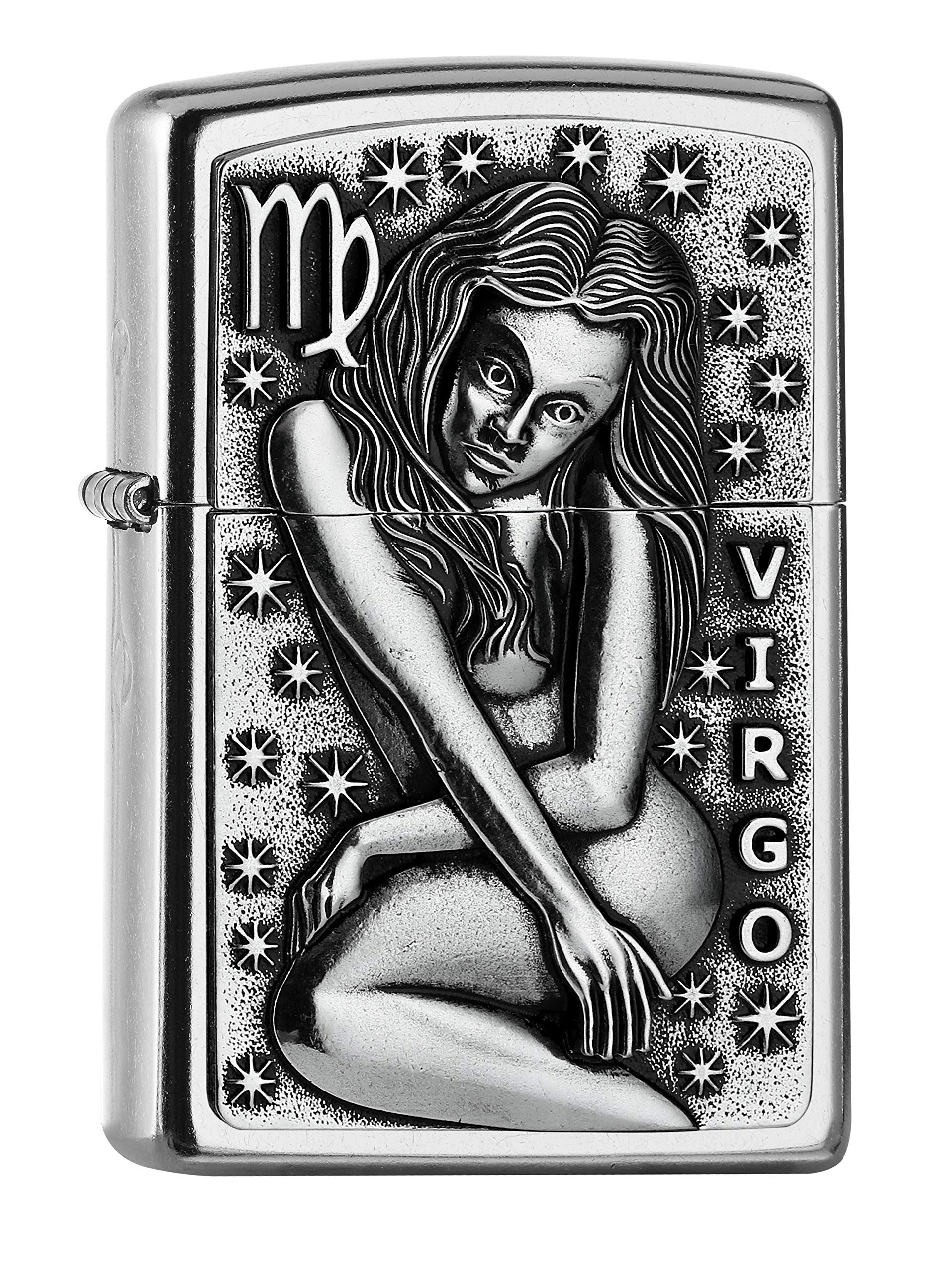 Zippo Accendino da Tempesta – Zodiac Virgo, Street Chrome, Emblema – Ricaricabile – Riutilizzabile – Design Antivento – Confezione Regalo – Made in USA