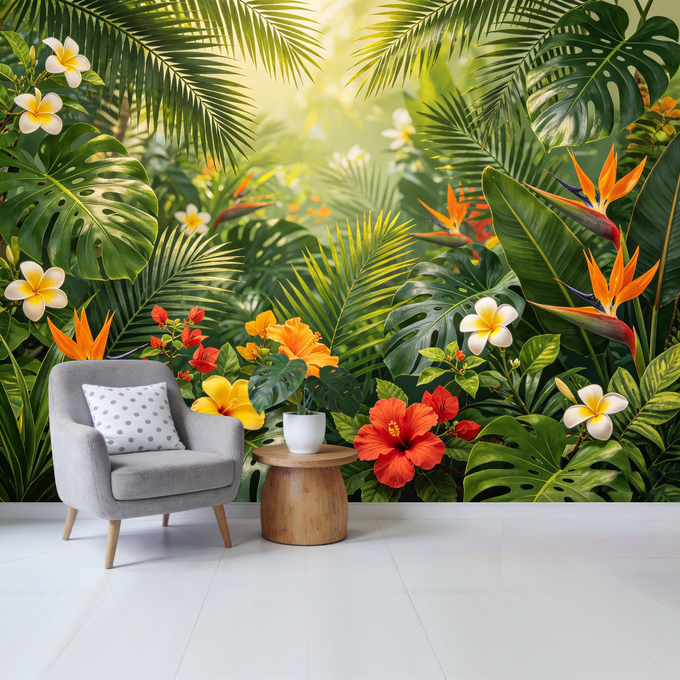 Qzlithotic Yq2605250278 Custom Size Wall Mural Tropical Jungle Botanical Leaves Bird Of Paradise Hibiscus Flowers Selfadhesive Wall Fabric Removable Wallpaper For Home Office Decor