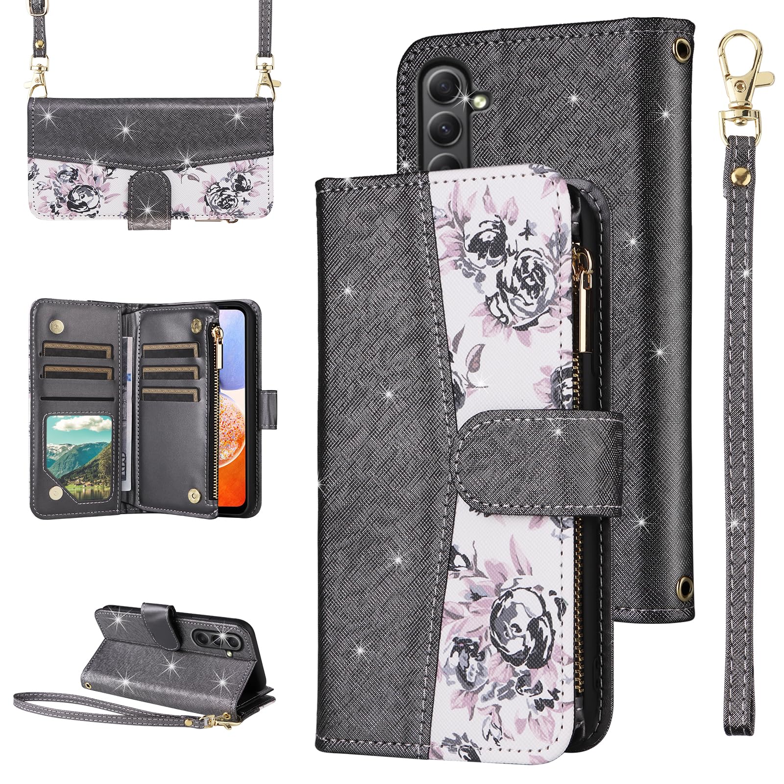 Furiet for Samsung Galaxy A55 5G Floral Wallet Case with Flip Zipper Purse Wrist Strap Shoulder Strap, Luxury Glitter PU Leather Card Holder Stand