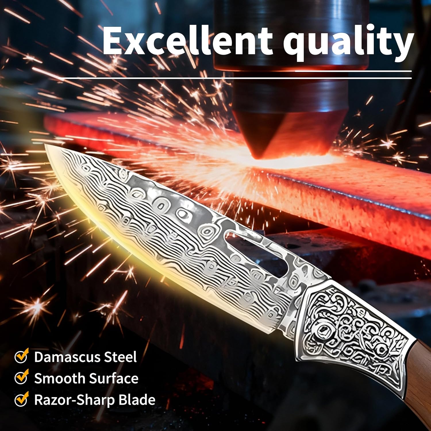 Damascus Steel Folding Knife, 7.1" Multi-Purpose Pocket Knife with Red Sandalwood Handle, Sharp Blade, Suitable for Cutting Meat, Carving Wood and Outdoor Activities (Style C)