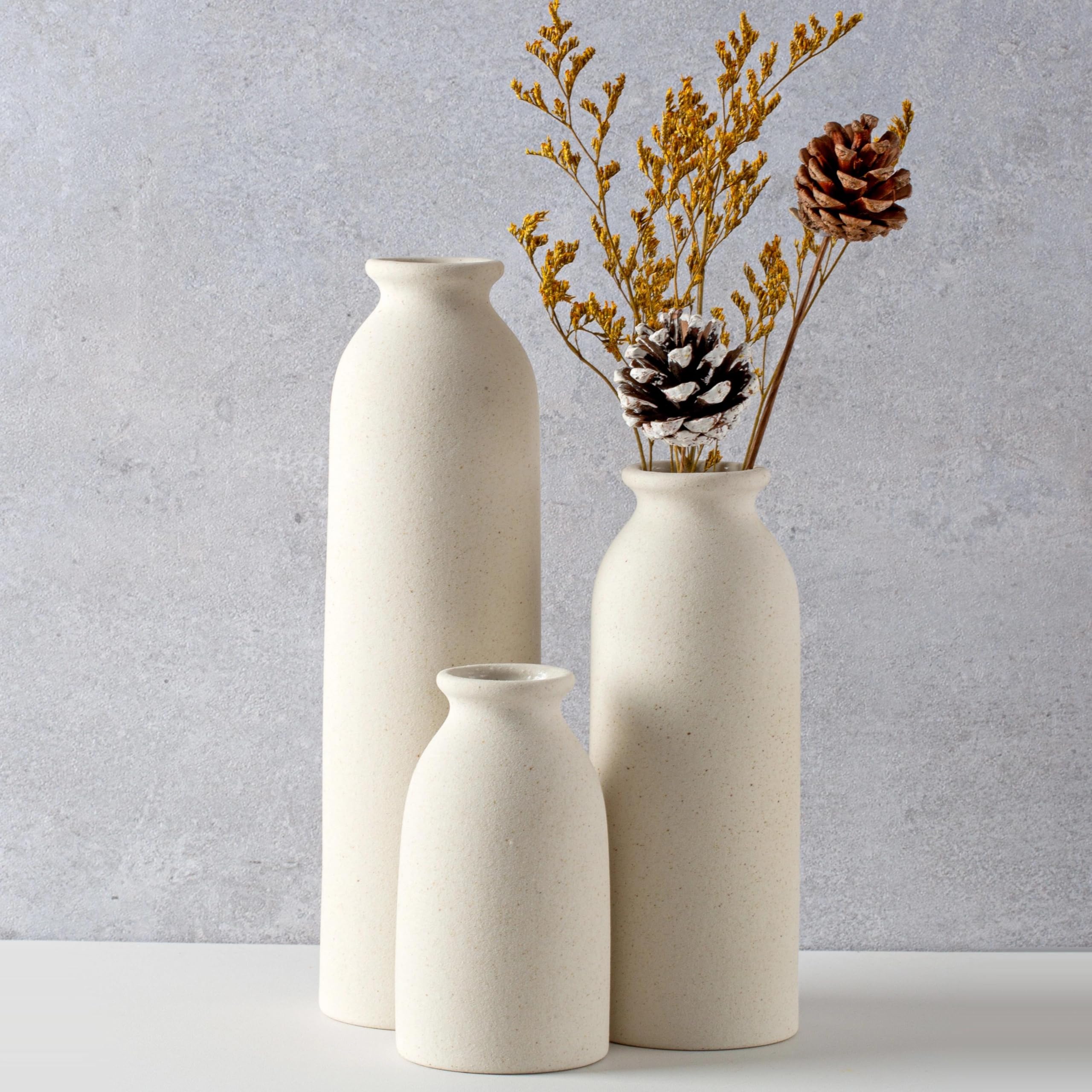 Modern Ceramic Vases Set, 3 Pieces, Decorative Flower Vases in Various Sizes (Beige)