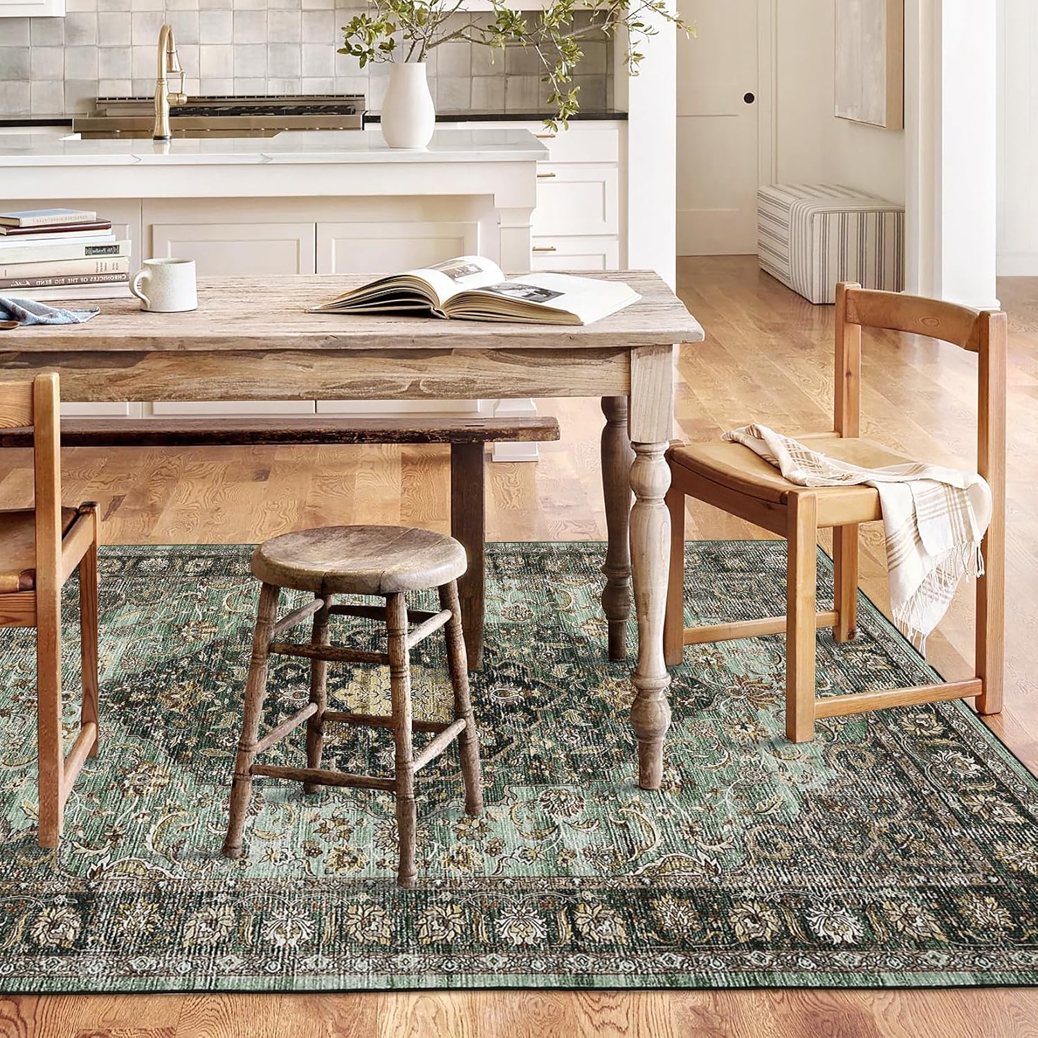 Green Floral 2' x 6' Washable Non-Slip Runner Rug