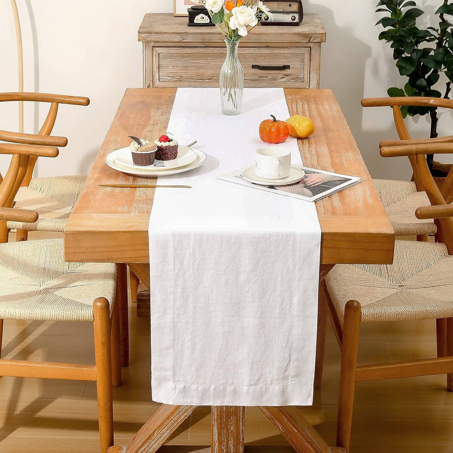 Linen Table Runner 14X60 Inches,100% French Linen Rustic Tablerunner,Machine Washable Dining Table Runner for Fall,Wedding,Party,Halloween,Christmas(White)