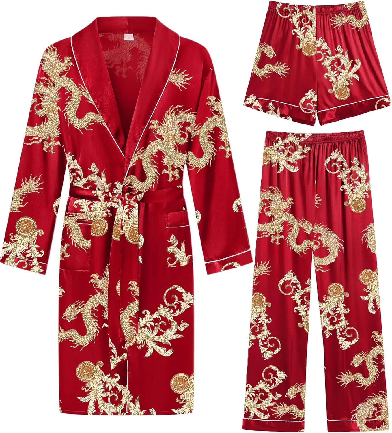 SWOMOG Men's Satin Robe 3 Pcs Silky Kimono Bathrobe Set Lightweight Soft Loungewear Nightwear
