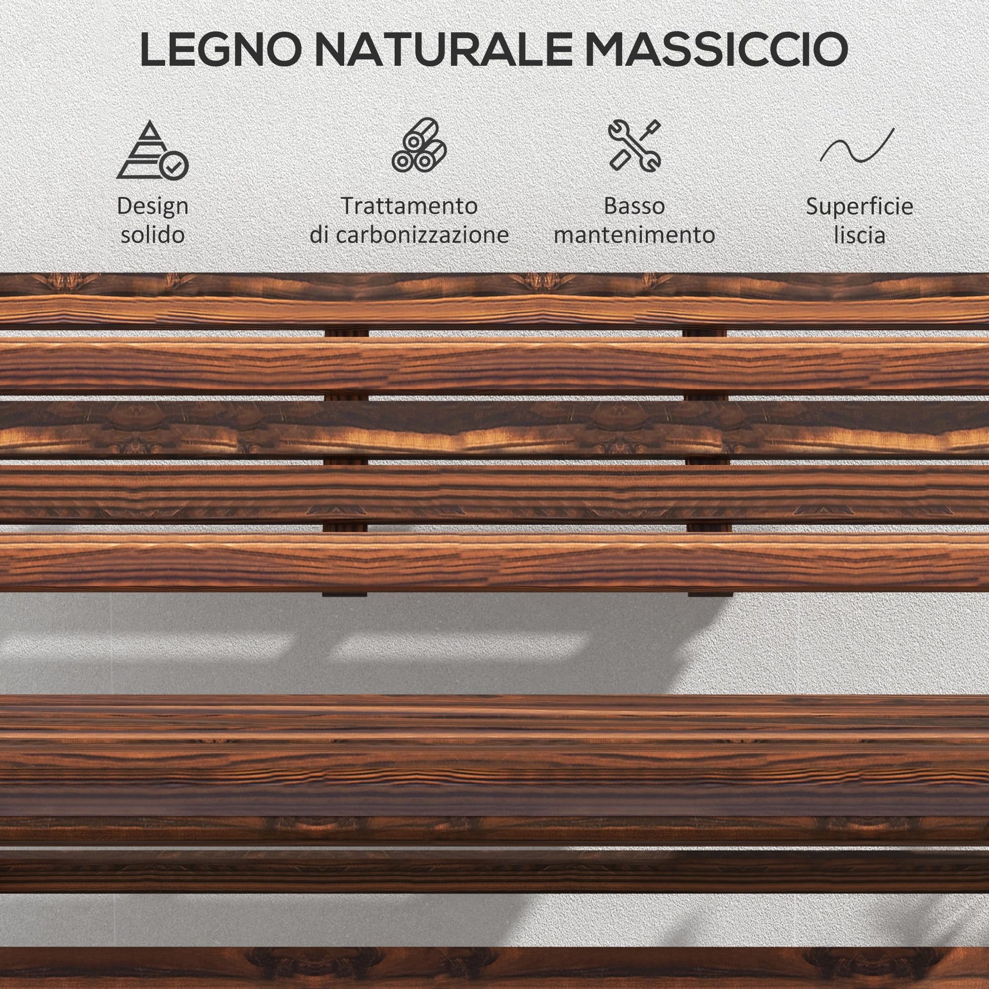 Outsunny Panchina da Giardino da 2 Posti Pieghevole, Panchina da Esterno a Doghe in Legno di Pino, Panca per Terrazza Patio e Cortile, 122x63x83 cm, Carbonizzato