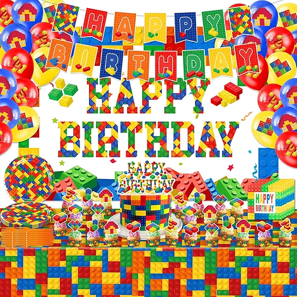 Building Block Birthday Party Supplies, Building Blocks Themed Birthday Party Decorations Set with Banner Balloons Cupcake Toppers Plates Forks Napkins Backdrop Tablecover Cake Topper