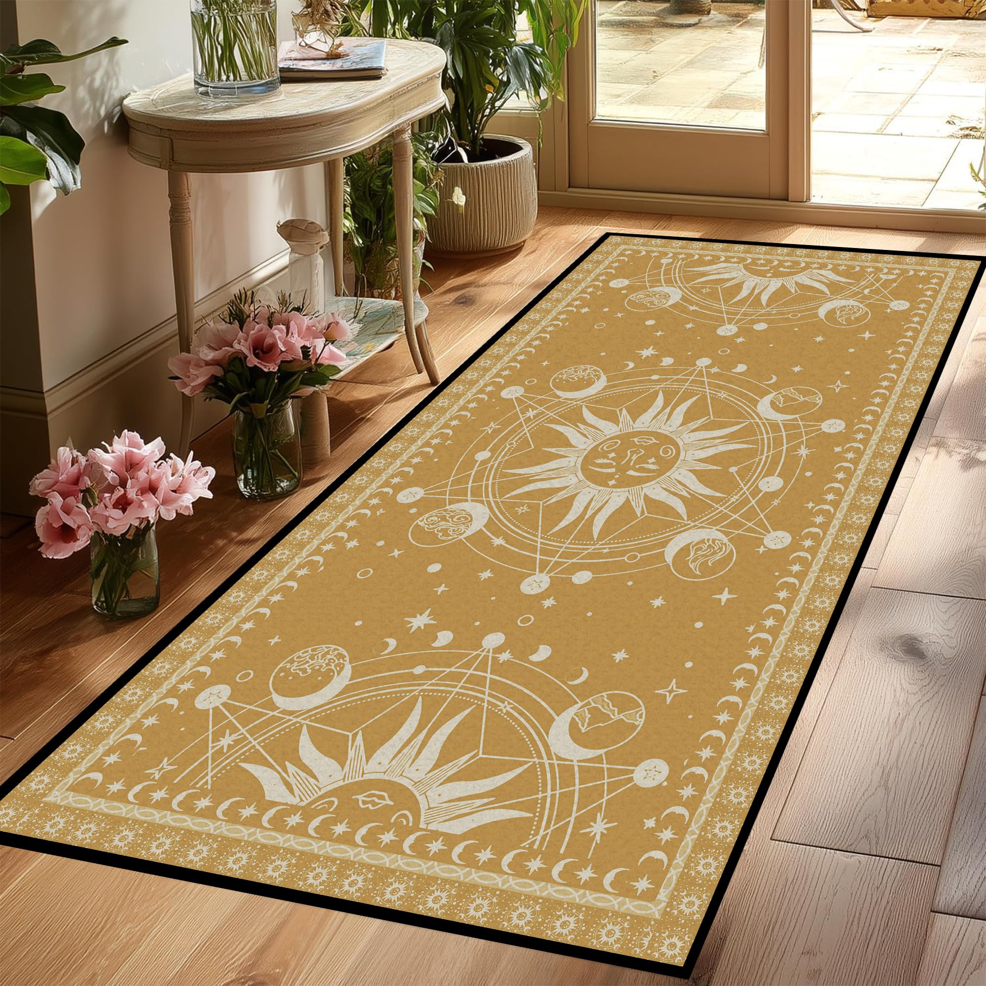 Tapis de soleil et de lune – Tapis céleste bohème pour chambre à coucher, dortoir, salon, motif croissant de croissant solaire, étoiles, galaxie, 200,7 x 99,1 cm, or aztèque