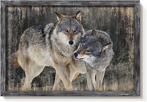 Wolves Framed Wall Art Decor Modern Wildlife Wooden Painting Rustic Wolf Natural Landscape Picture Wild Animal Artwork Small Size for Bedroom Kitchen 16 x 11
