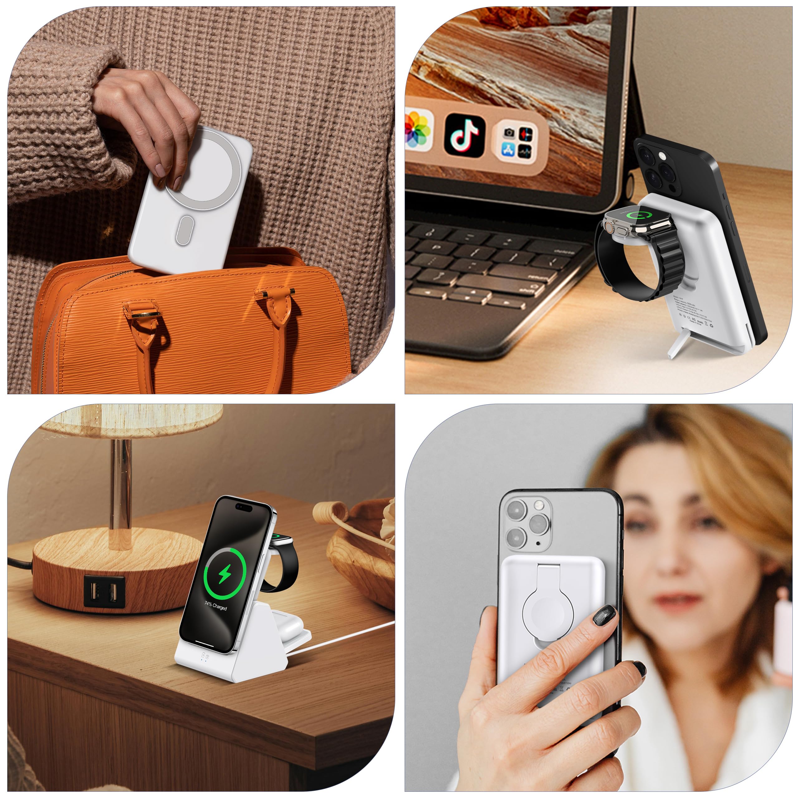 Smtcsl Stazione di ricarica wireless 3 in 1: caricabatterie portatile da 5000 mAh, compatibile con iPhone serie 16/15/14/13/12 e Apple Watch, supporto di ricarica magnetico staccabile bianco