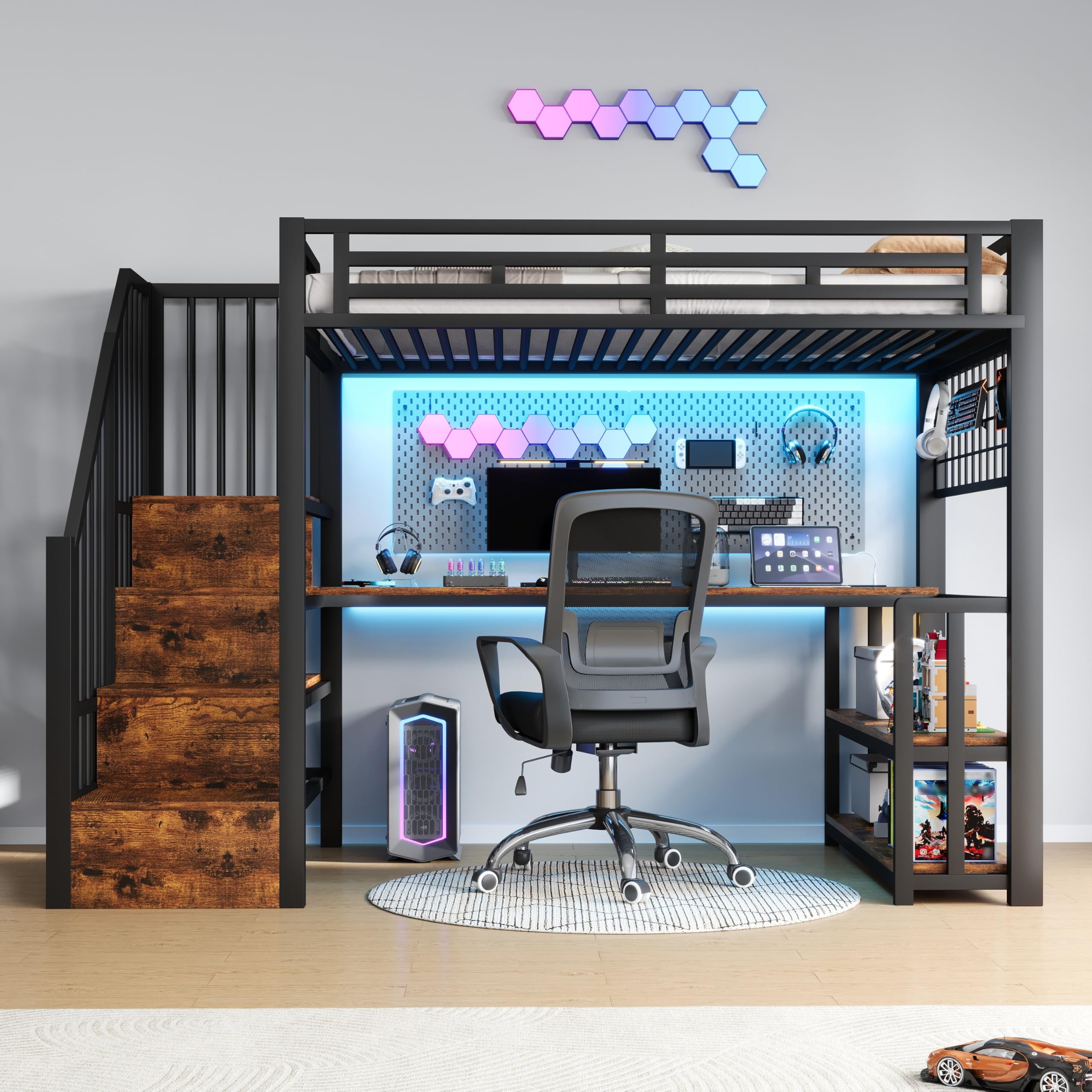 Lubvtti Letto a soppalco con luce LED e porta USB 90x200 cm,Letto singolo con struttura in ferro con scrivania e Griglia sospesa,Con scale portaoggetti e ripiani portaoggetti,Nero(Senza materasso)