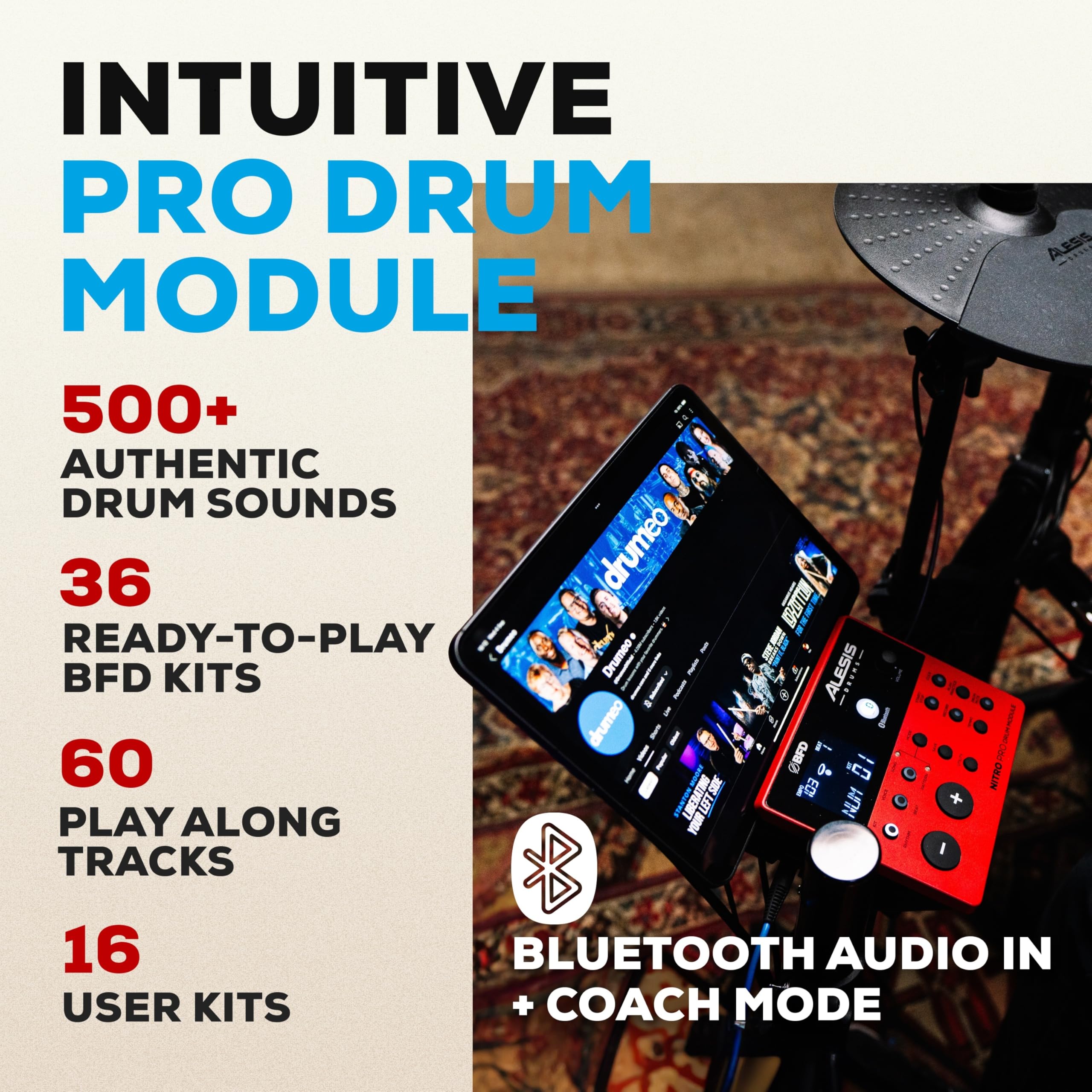 Alesis Nitro Pro XL 10-częściowa Elektryczna perkusja z 2-strefowymi padami siatkowymi, 500+ brzmień BFD, Bluetooth, Drumeo, USB MIDI