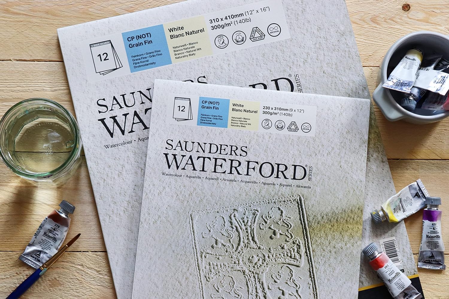 St Cuthberts Mill Saunders Waterford Series Watercolour Paper, 300 g/m², Fine Grain, Watercolour Pad, 23 x 31 cm, Glued on One Side, 12 Sheets, Natural White