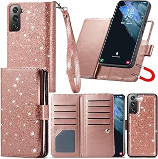 Varikke Samsung Galaxy S22 Case Wallet, Galaxy S22 Case for Women with Card Holder & Powerful Magnetic Detachable Cover & Kickstand Wristlet Glitter PU Leather Wallet Case for Samsung S22, Rose Gold
